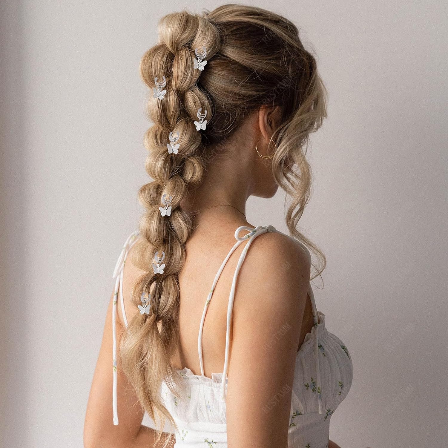 20 piezas de pulseras de mariposa plateadas para el cabello, cuentas de rasta, colgantes de metal ajustables, clips de trenzas, accesorios para el