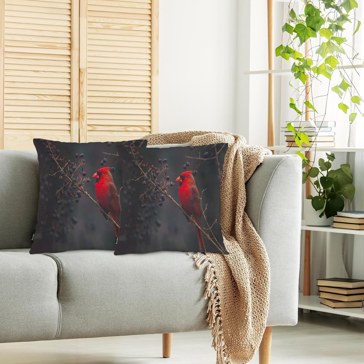 Swono Fundas de almohada de 18 x 18 pulgadas, color rojo cardenal, pájaro y bayas, fundas de cojín bohemias para sofá cama, funda de almohada