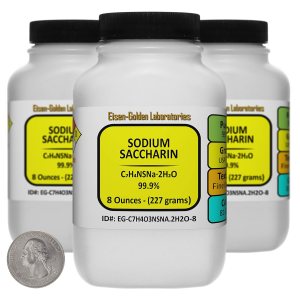 Sacarina de sodio C7H4O3NSNa.2H2O 99.9% USP Cristales de grado alimenticio 1.5 Lb en tres botellas Sacarina de sodio C7H4O3NSNa.2H2O 99.9% USP Cristales de grado alimenticio 1.5 Lb en tres botellas