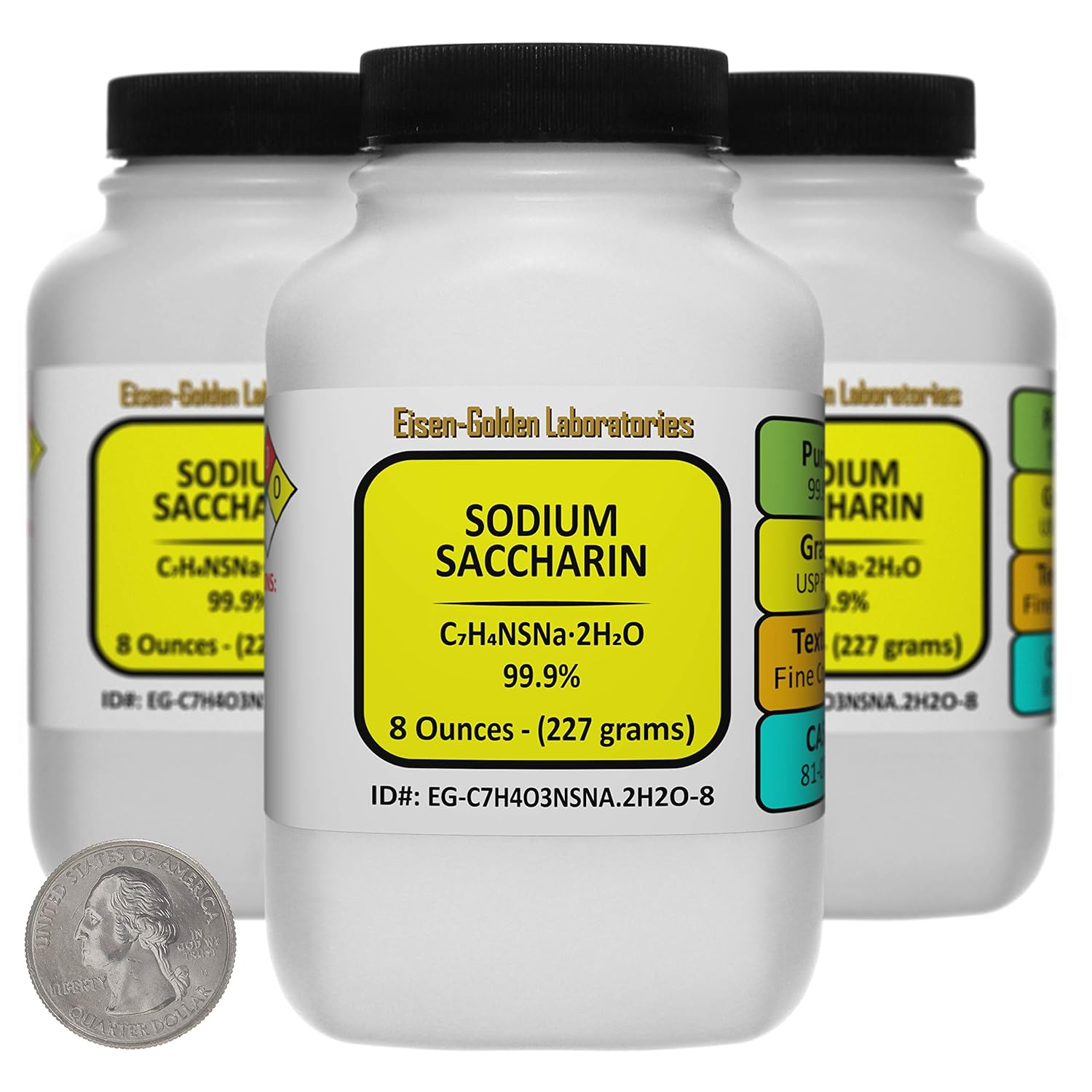 Sacarina de sodio C7H4O3NSNa.2H2O 99.9% USP Cristales de grado alimenticio 1.5 Lb en tres botellas