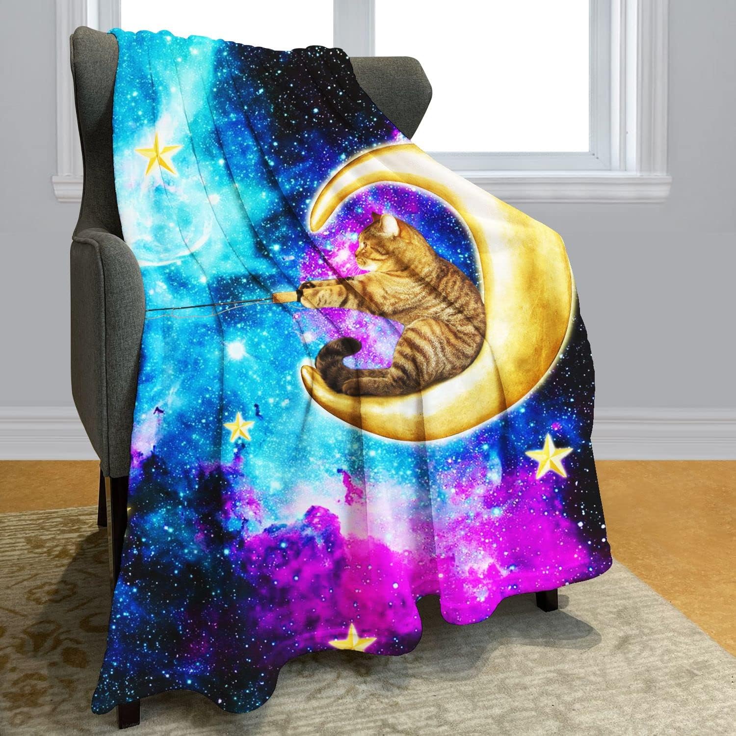 YISUMEI Manta de forro polar con diseño de dibujos animados y diseño de dibujos animados de gato de pesca en la luna y cielo estrellado, suave,