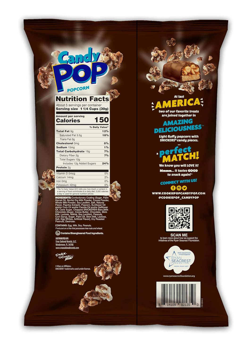 CANDY POP Snickers – Palomitas de maíz recubiertas de caramelo (bolsas de 5.25 onzas) hechas con piezas de caramelo de Snickers reales, paquete de 12