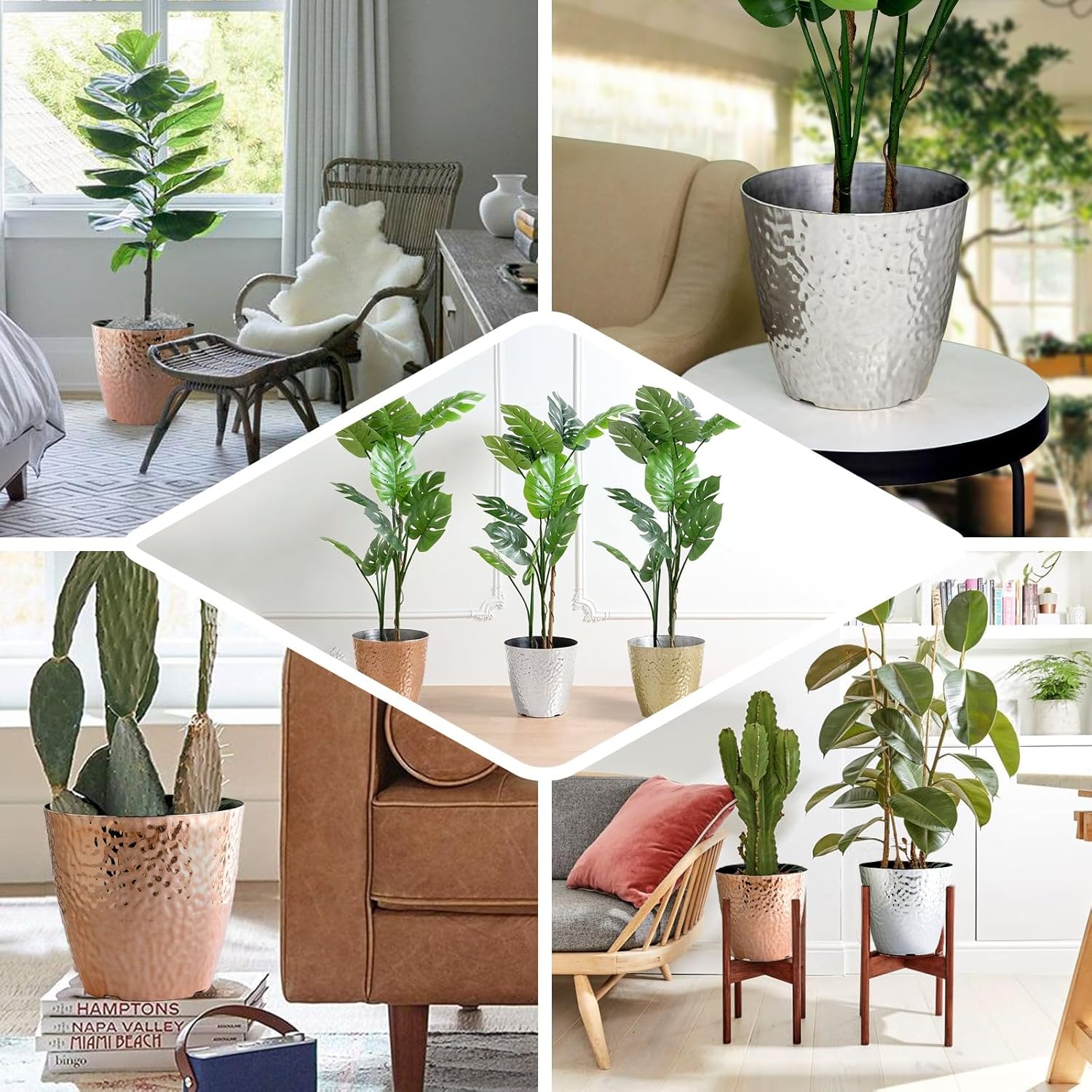 Efavormart – Maceta de polipropileno dorado de 11 pulgadas para interiores, maceta para plantas con diseño martillado metálico