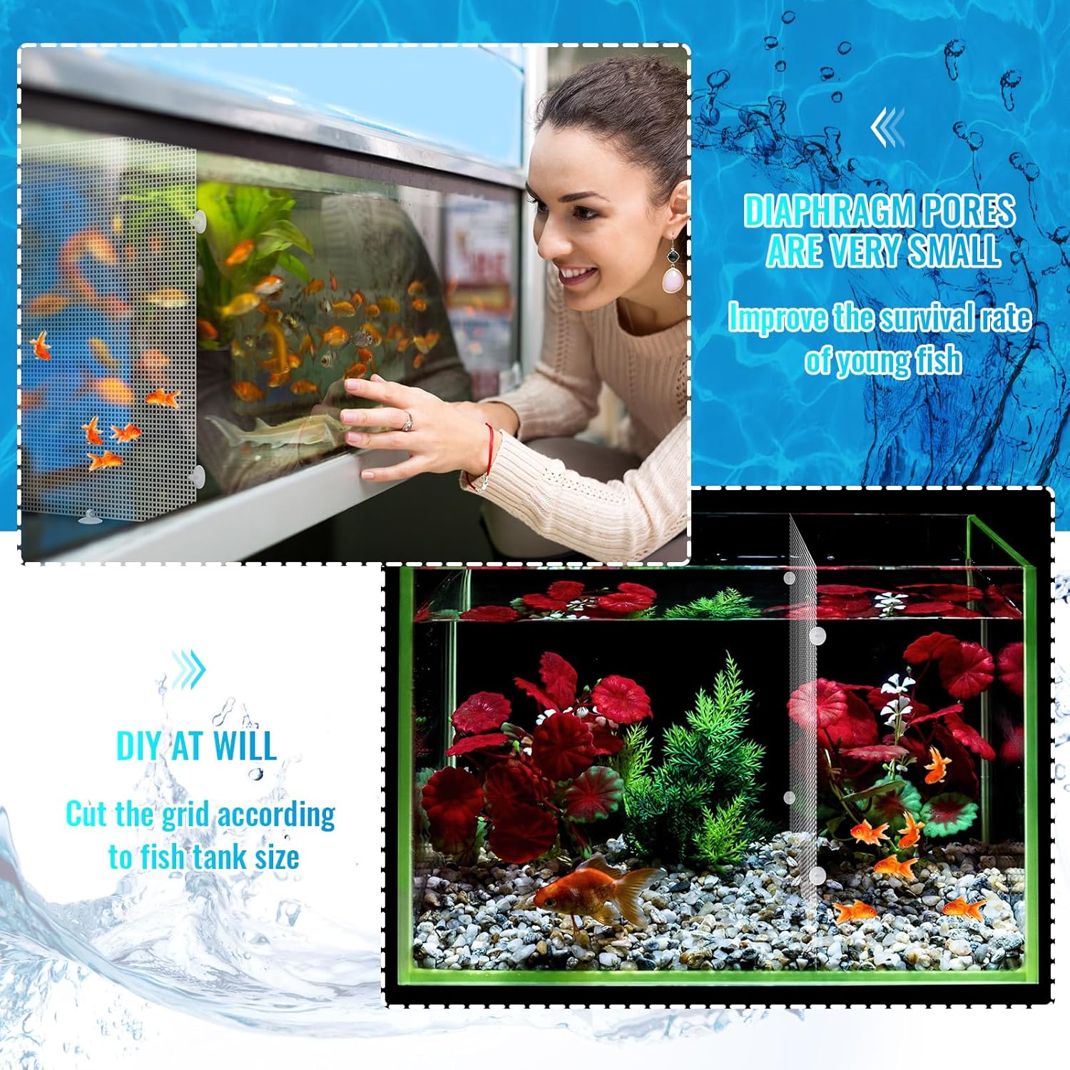 Divisor de tanque de peces de plástico para acuario, 4 unidades, placa de rejilla cortable, separador de pecera con 24 ventosas de acuario para