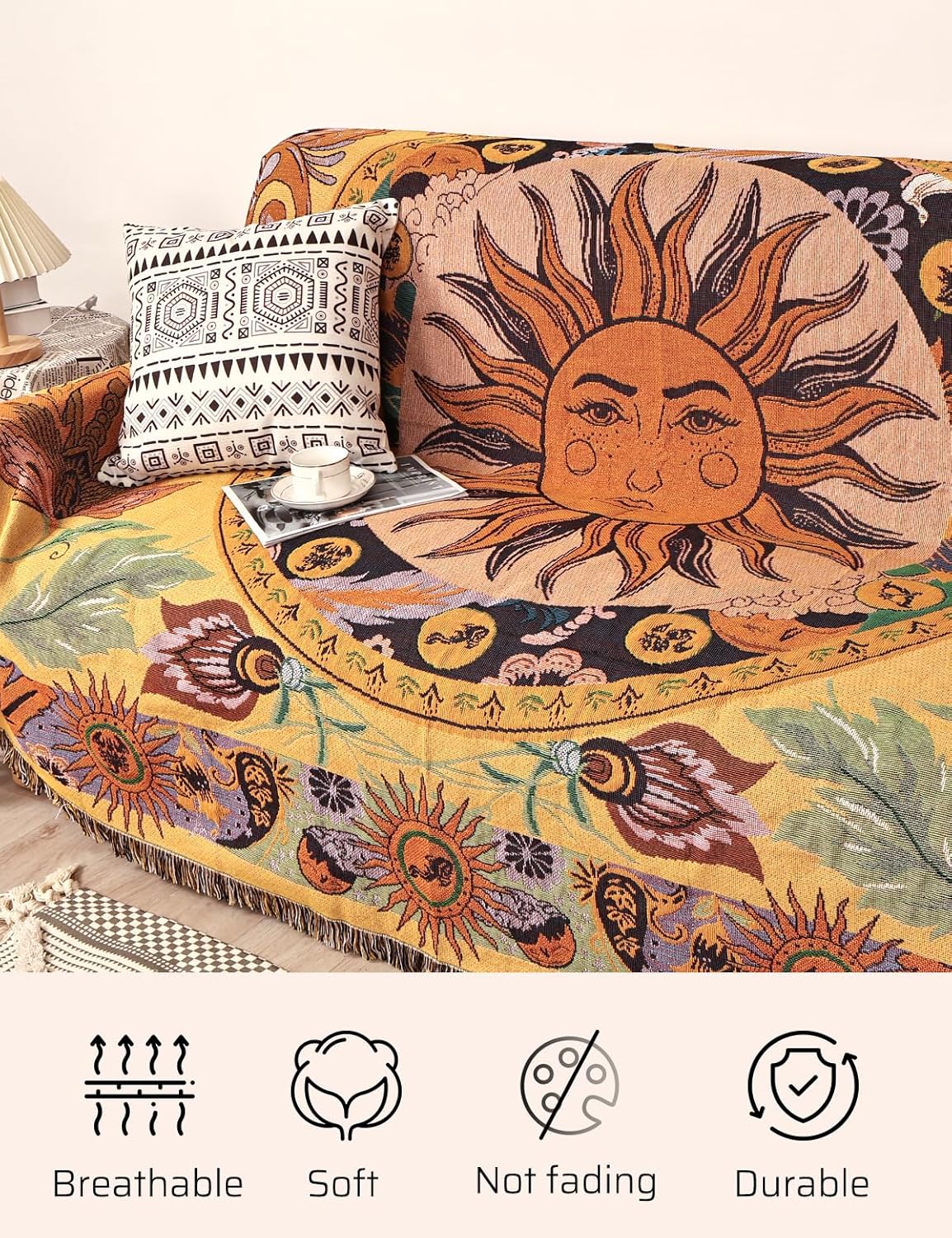 Shesyuki Manta bohemia para cama, sofá, reversible, de algodón, bohemio, para viajes, bohemio, manta de muselina mexicana, tapiz hippie para