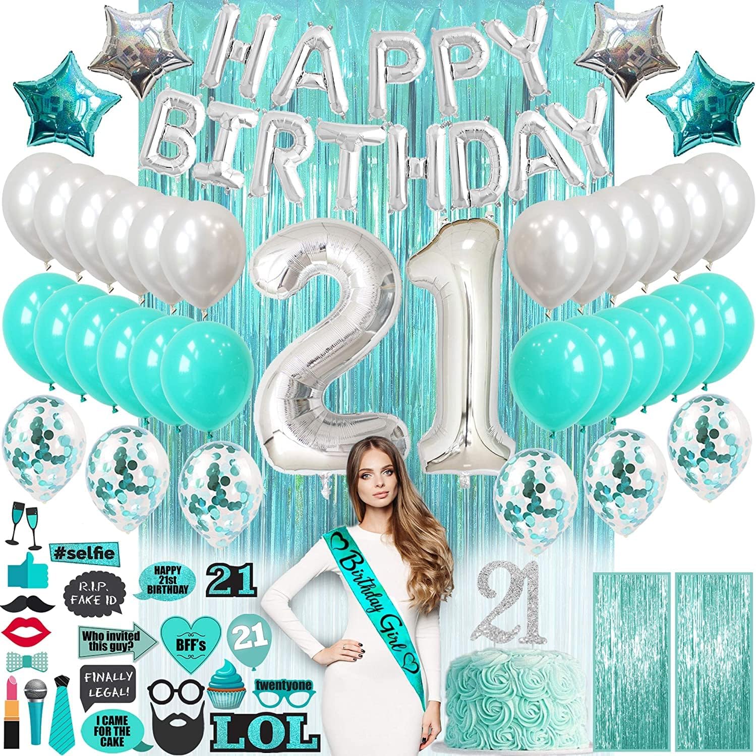71 piezas de decoración de feliz cumpleaños #21 para ella, regalo de cumpleaños #21 para ella, tiara, banda de cumpleaños #21 para ella, decoración
