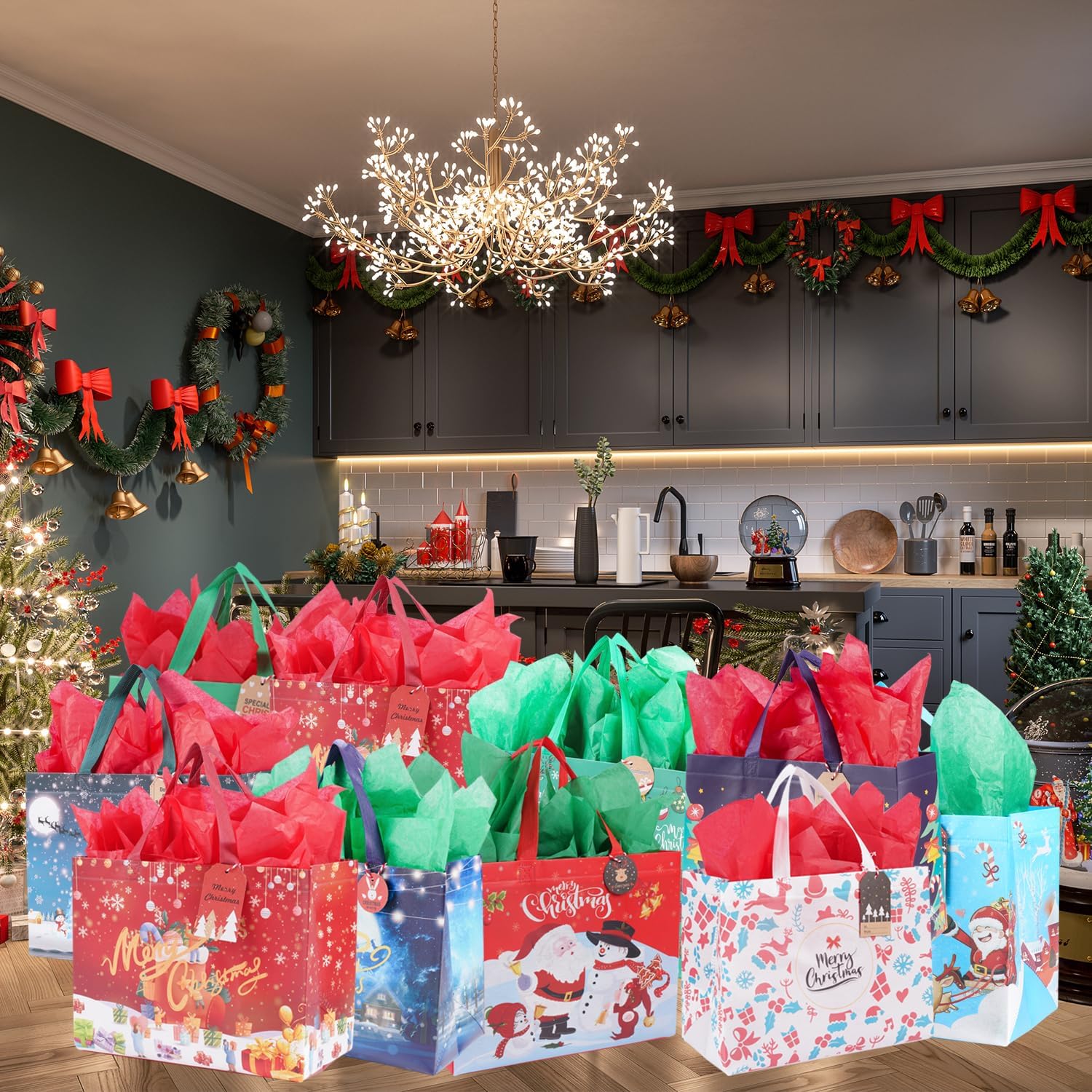 Ranfashiong 10 bolsas reutilizables de Navidad no tejidas con papel de seda para envolturas de fiestas de Navidad, bolsas de regalo de compras de