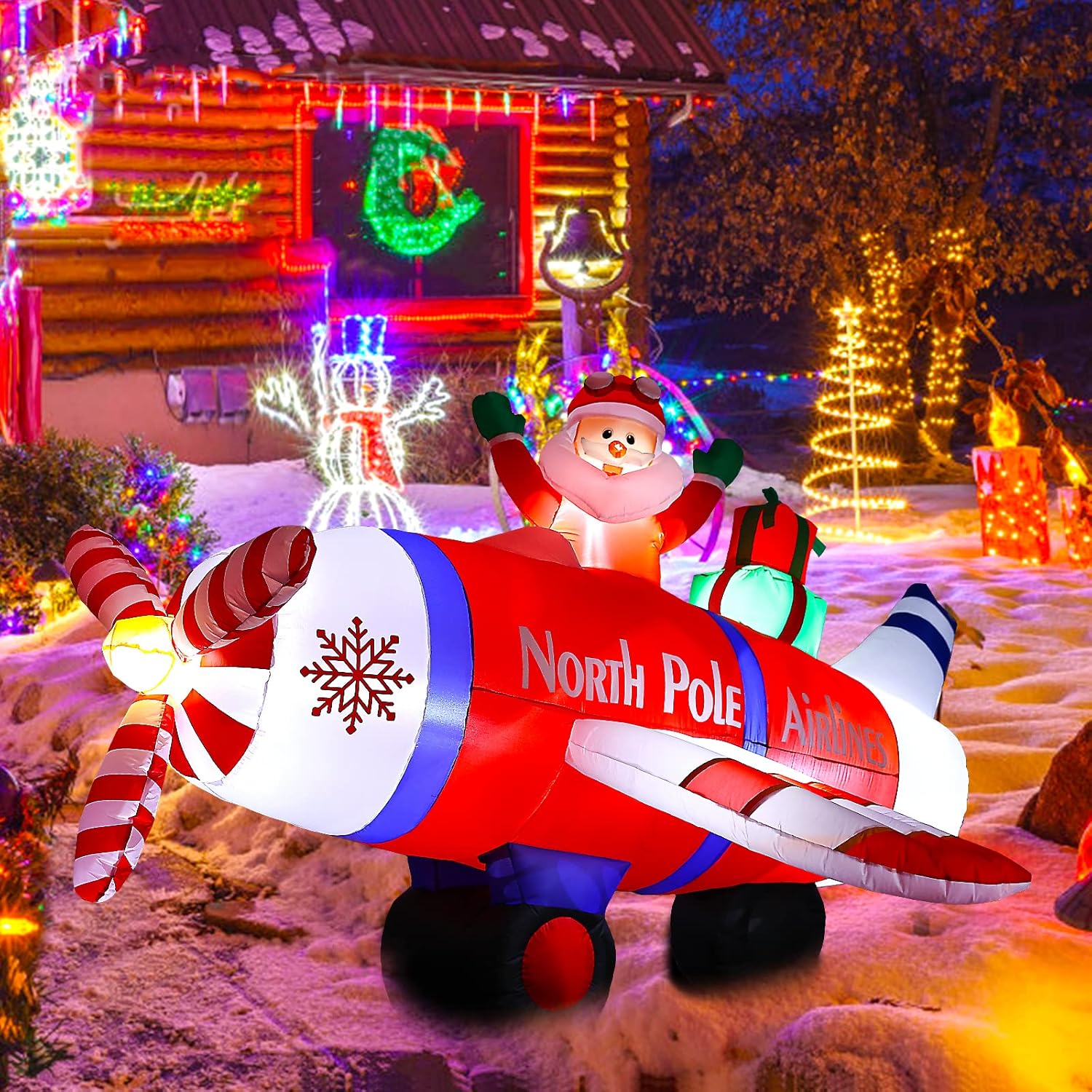 Inflables de Navidad de 8 pies, decoraciones al aire libre, avión polar volador gigante de Papá Noel con regalos, decoraciones inflables iluminadas