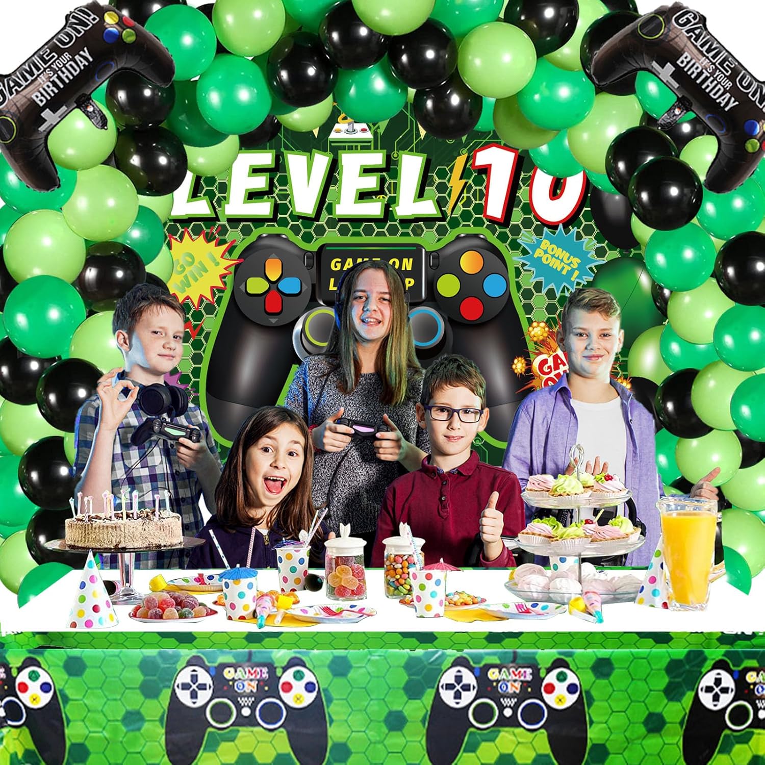 Vlipoeasn Juego de 90 decoraciones de fiesta de videojuegos de cumpleaños número 10 para niños, suministros verdes de 10 cumpleaños, telón de fondo