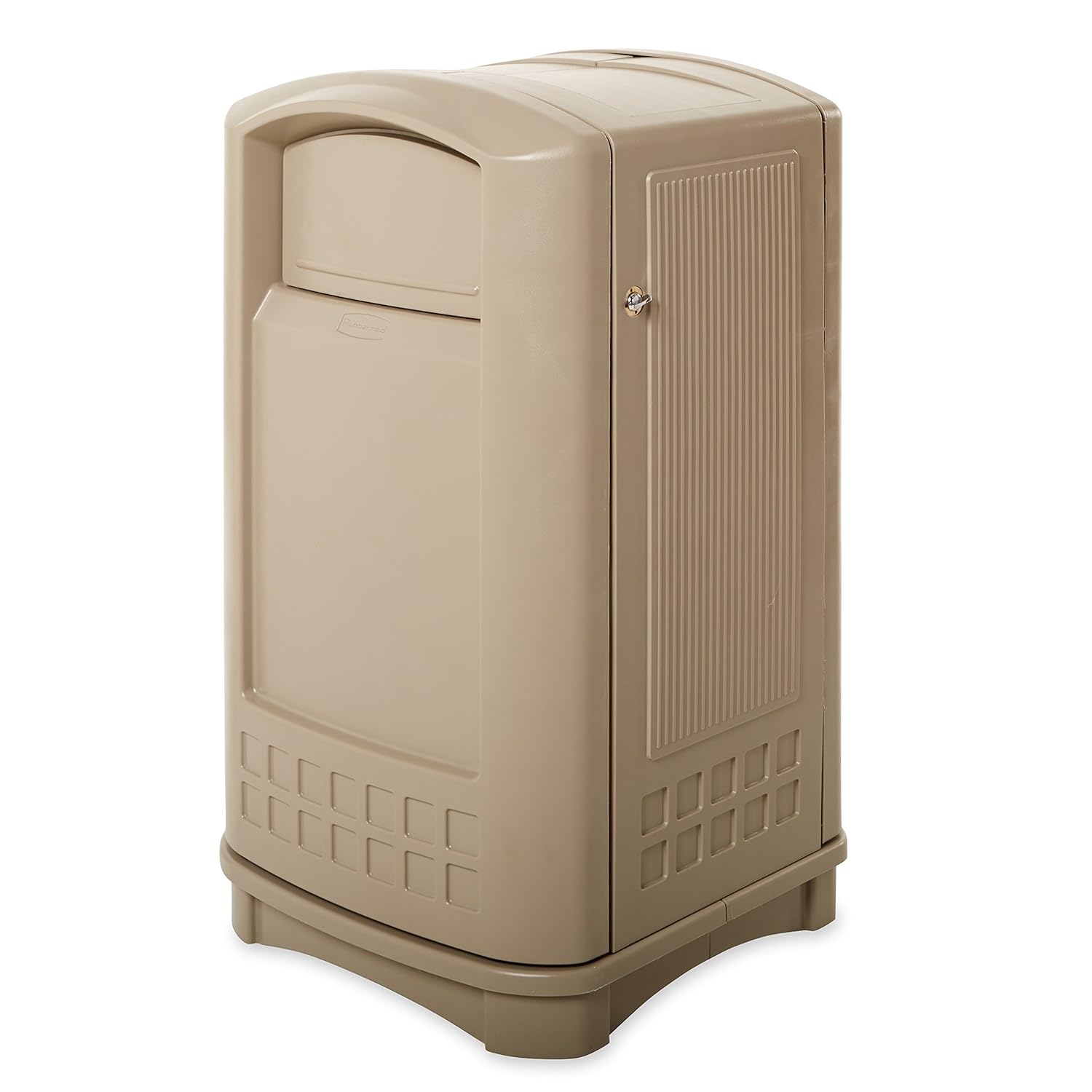 Rubbermaid Commercial Products Plaza – Papelera con puertas batientes, 50 galones, color beige, papelera grande para exteriores, para estadios,