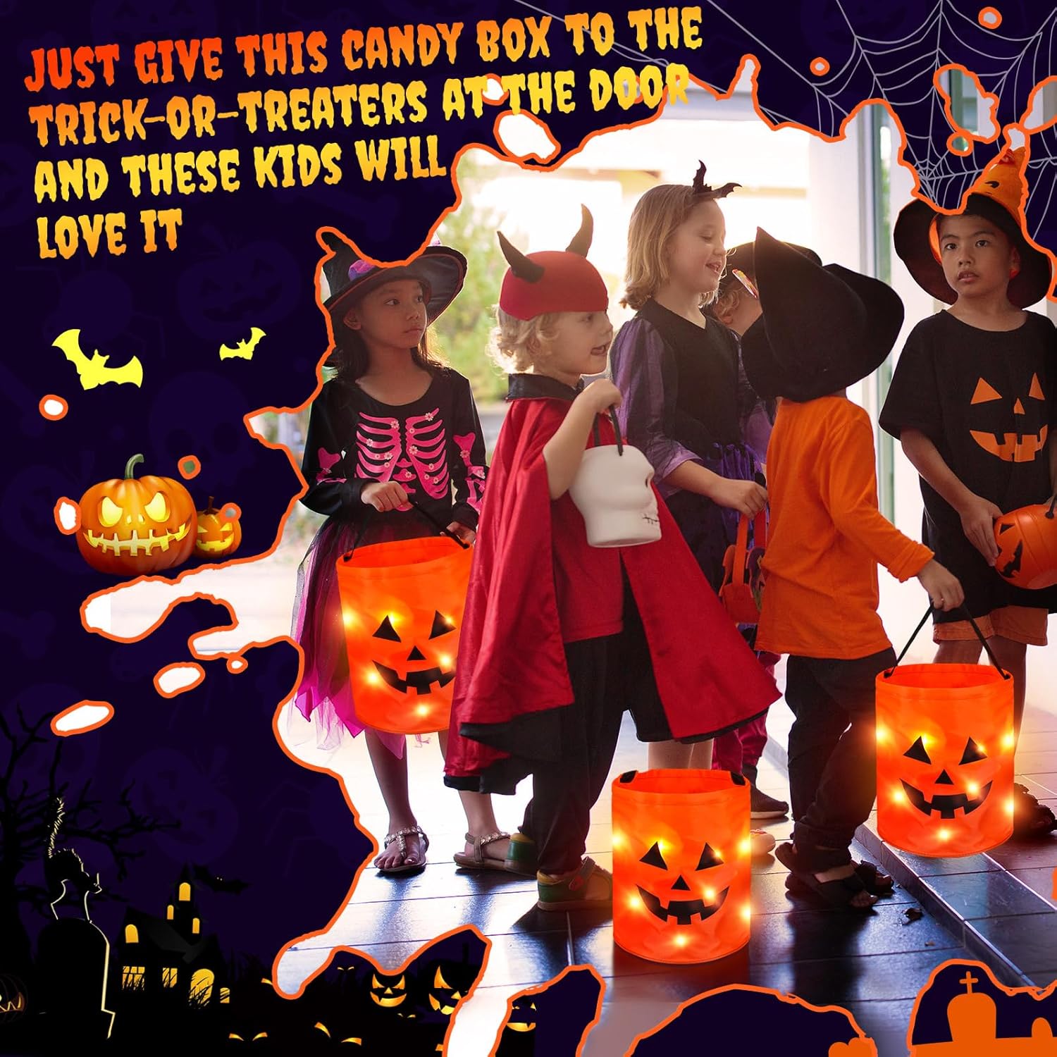 Bolsas de Halloween con luz LED para trucos o tratos, cubo de calabaza iluminada, bolsa de dulces de Halloween con cara de calabaza sonrisa, cubo de