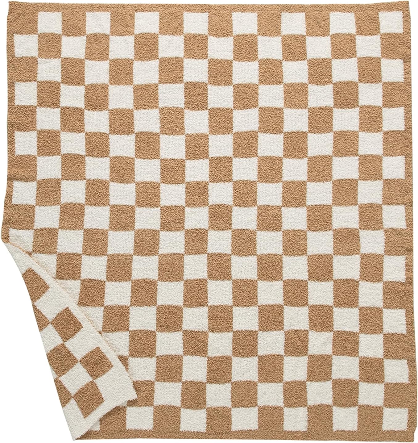 Manta a cuadros súper suave, manta de felpa ligera de vellón para sofá y sofá, manta reversible de lujo mullida de punto a cuadros, color camel, 50