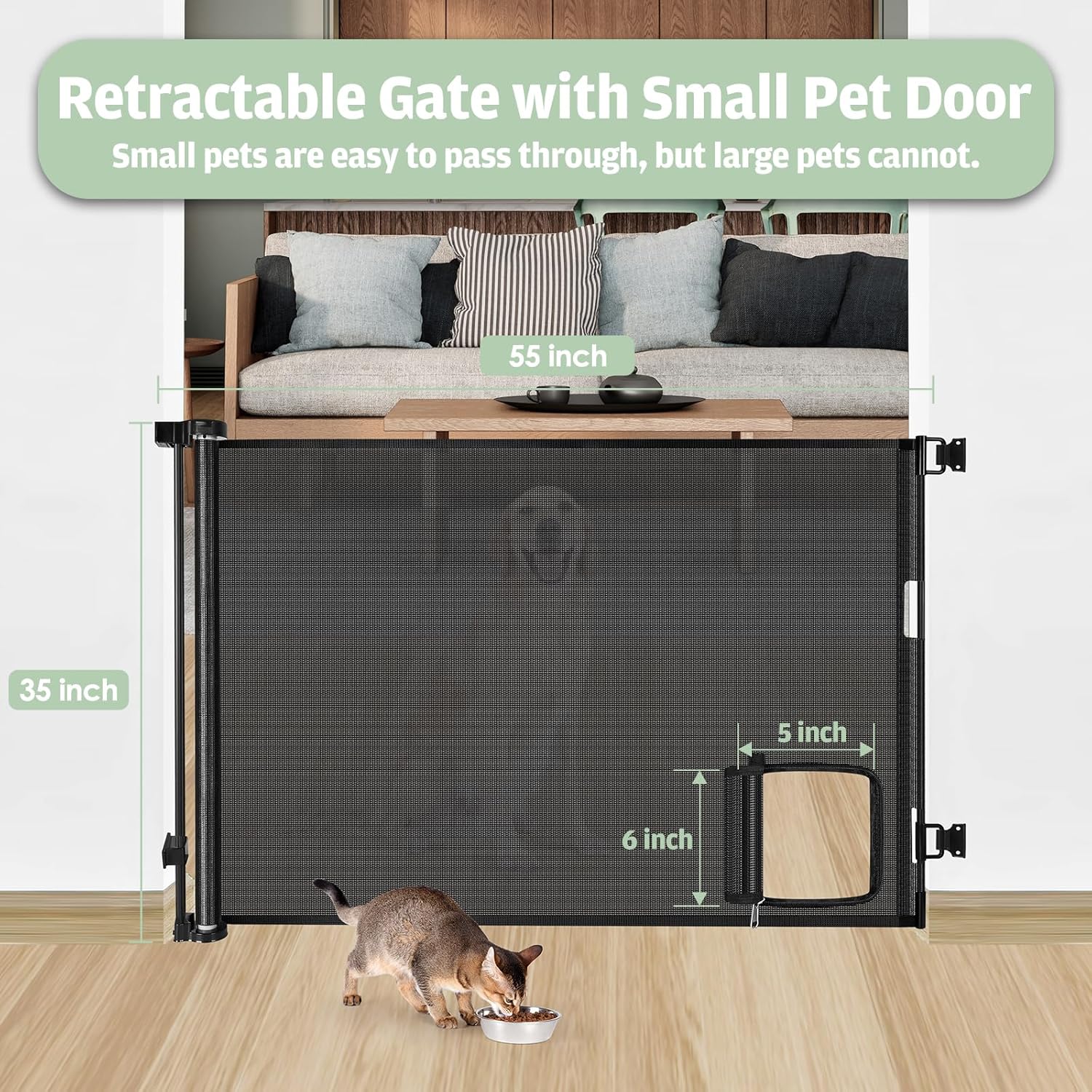 Puerta retráctil para bebé con puerta para gatos (55 pulgadas de ancho x 35 pulgadas de alto), puerta retráctil para perros con puerta para
