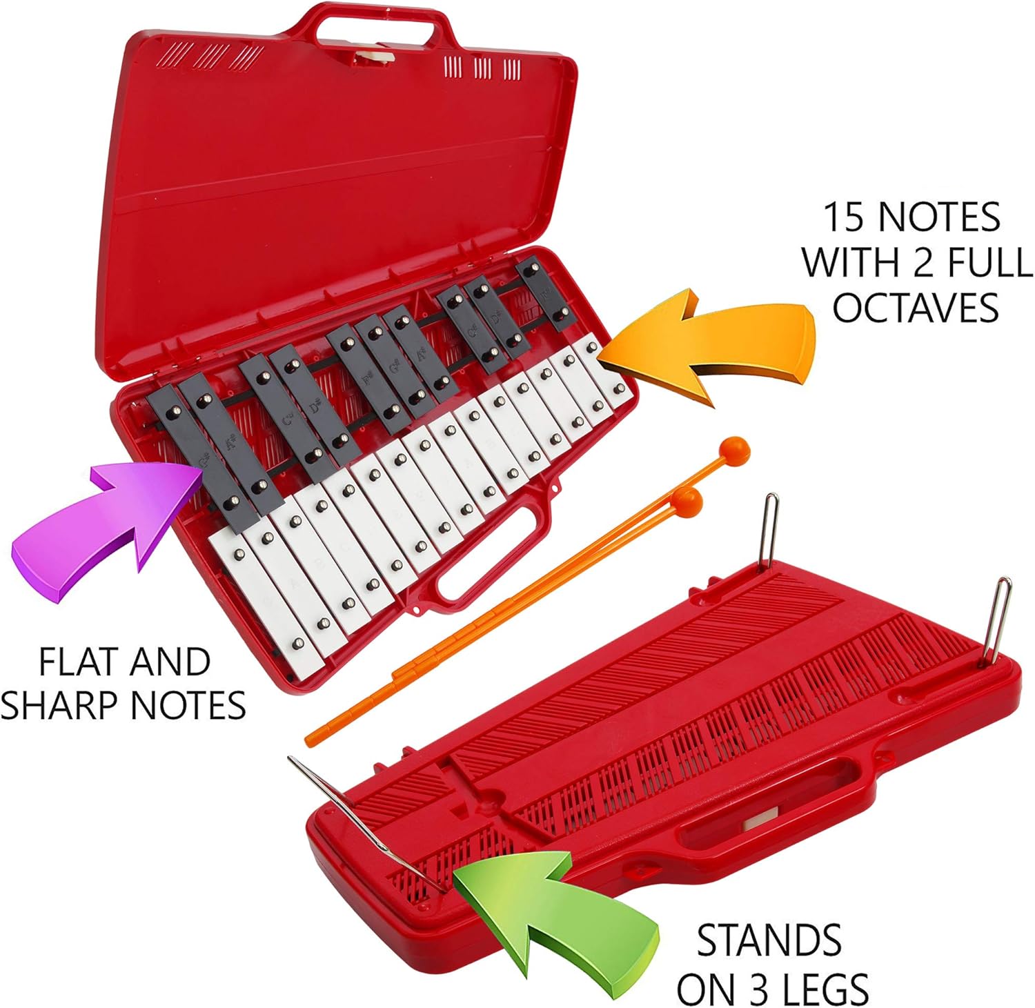 Xylophone 25 Note Chromatic Glockenspiel en una caja de plástico roja – Juegos de tarjetas con 23 canciones codificadas por letras