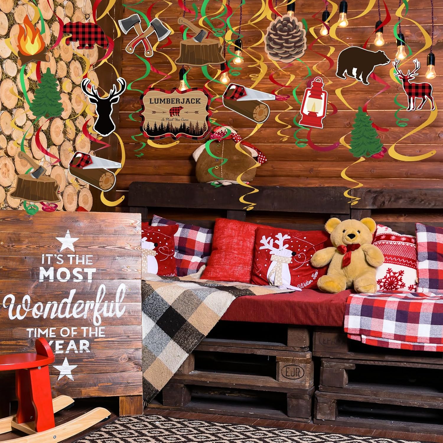 Seajan 60 piezas de tablero de anuncios de fiesta de leñador, decoración de búfalo a cuadros, osos, ciervos, árboles, pinos, hachas, recortes para
