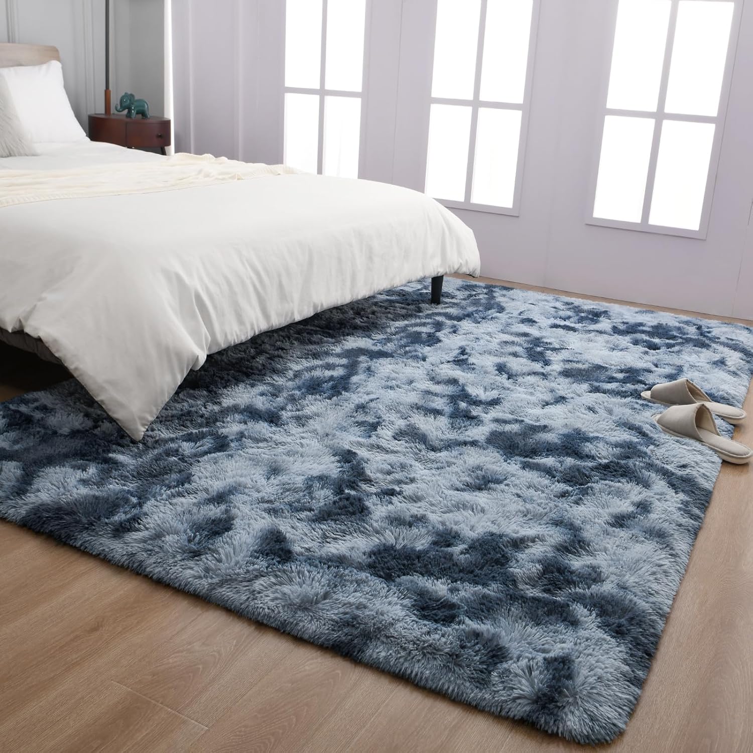 TWINNIS Alfombras grandes de pelo largo de 6 x 9 pulgadas para sala de estar, dormitorio, teñido anudado azul y gris, alfombras de felpa súper