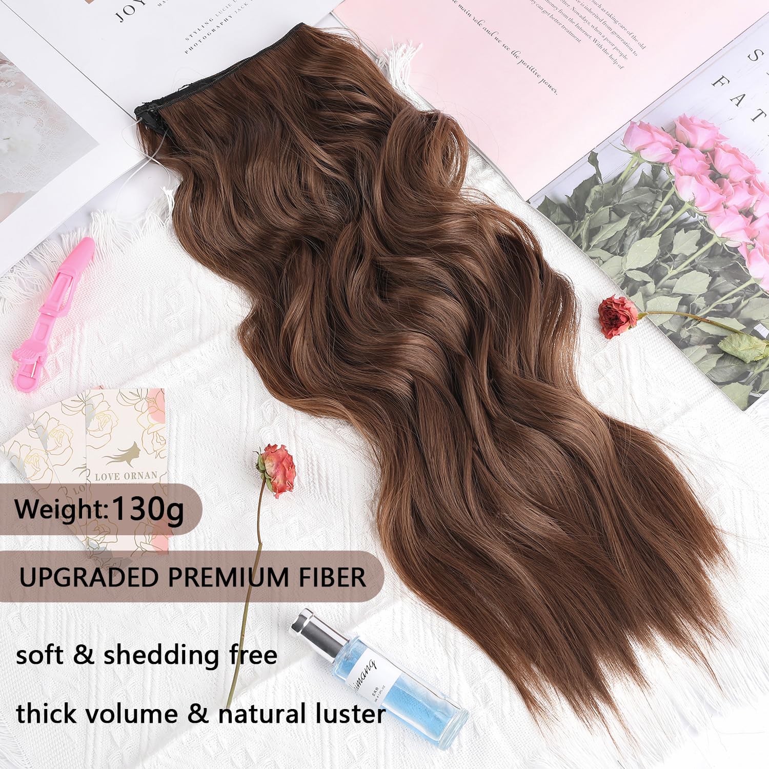 Extensiones de cabello con clip de 20 pulgadas con alambre invisible, tamaño ajustable, extensiones de cabello ondulado largo con 4 clips de