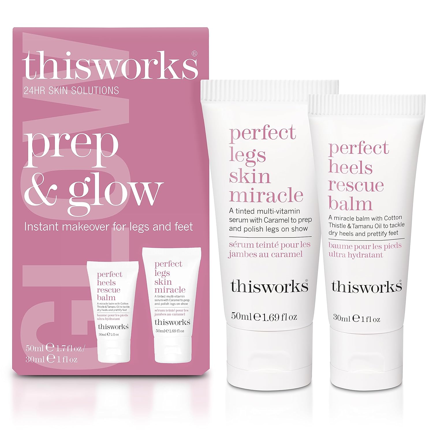 THISWORKS Set de regalo Prep and Glow – Kit de tamaño de viaje con piernas perfectas para la piel milagrosa y tacones perfectos para rescatar crema