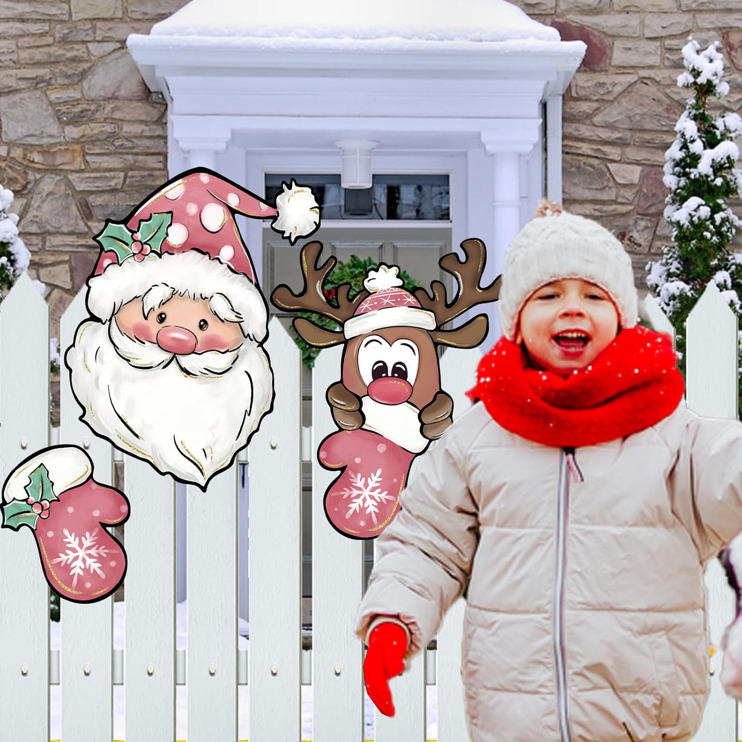 Letrero de jardín de Navidad rosa con diseño de Papá Noel para patio, guantes de Navidad, alce, reno, adorno para decoración de árbol de patio al