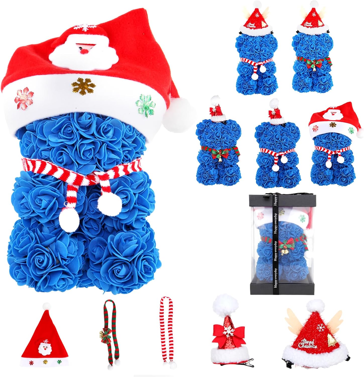 CODE FLORIST Oso de rosas, juego de disfraces con 3 sombreros y 2 bufandas, oso de peluche de flores artificiales, regalo de Navidad, regalo del día