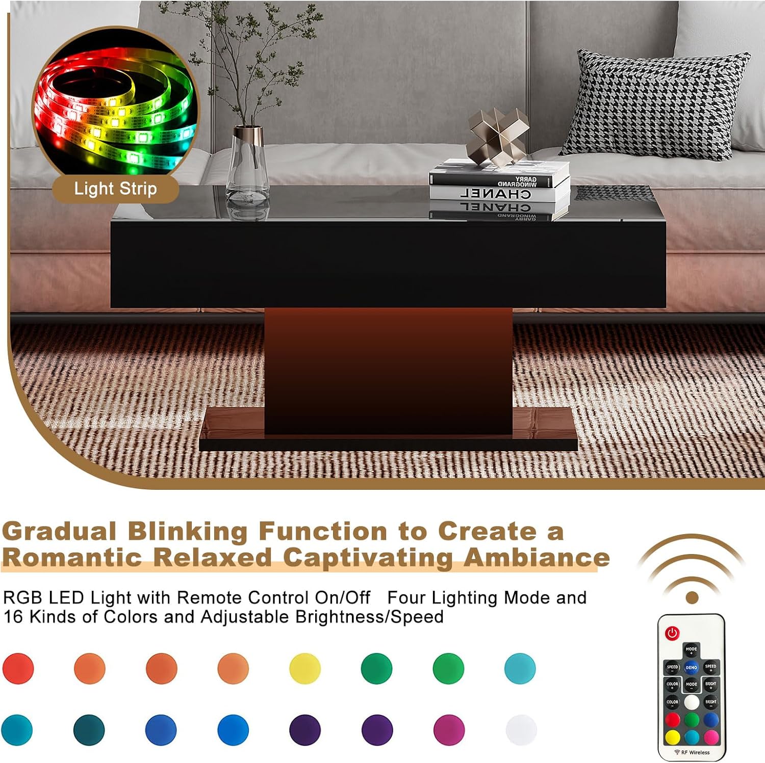 Mesa de centro LED para sala de estar, mesa de centro moderna de alto brillo con luces LED de 16 colores, mesa de centro rectangular inteligente de