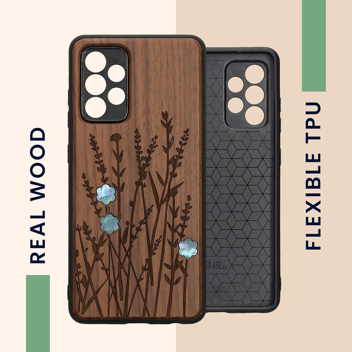 kwmobile Funda de madera compatible con Samsung Galaxy A52  A52 5G  A52s 5G – Funda – Funda – Flores silvestres perla marrón oscuro