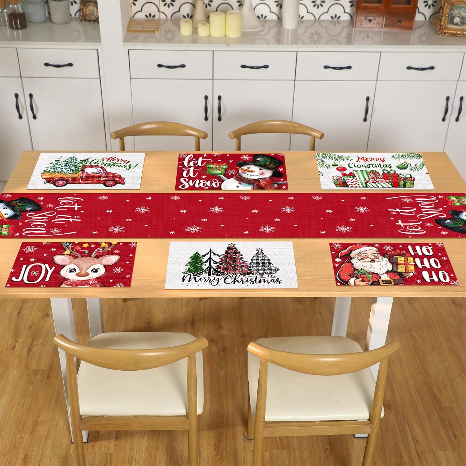 7 manteles individuales de Navidad de 12 x 18 pulgadas, juego de 6 manteles individuales de Navidad con camino de mesa, Papá Noel, ciervo, muñeco de
