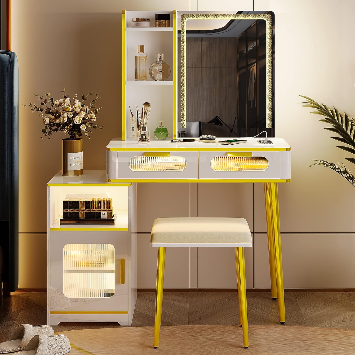 HNEBC Escritorio de tocador con espejo y luces, juego de tocador blanco con USB B & tipo C y carga inalámbrica, tocador de maquillaje con