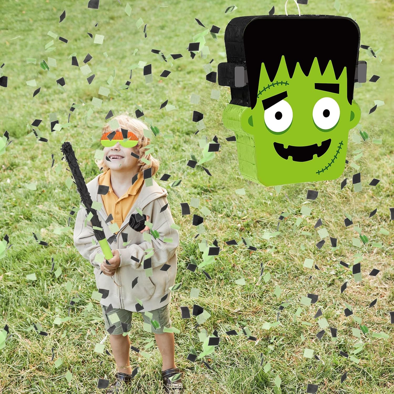Aoriher Piñata de Halloween, piñata verde, piñata diablo, piñata mexicana con palo vendados y confeti para Halloween, cumpleaños, fiesta,
