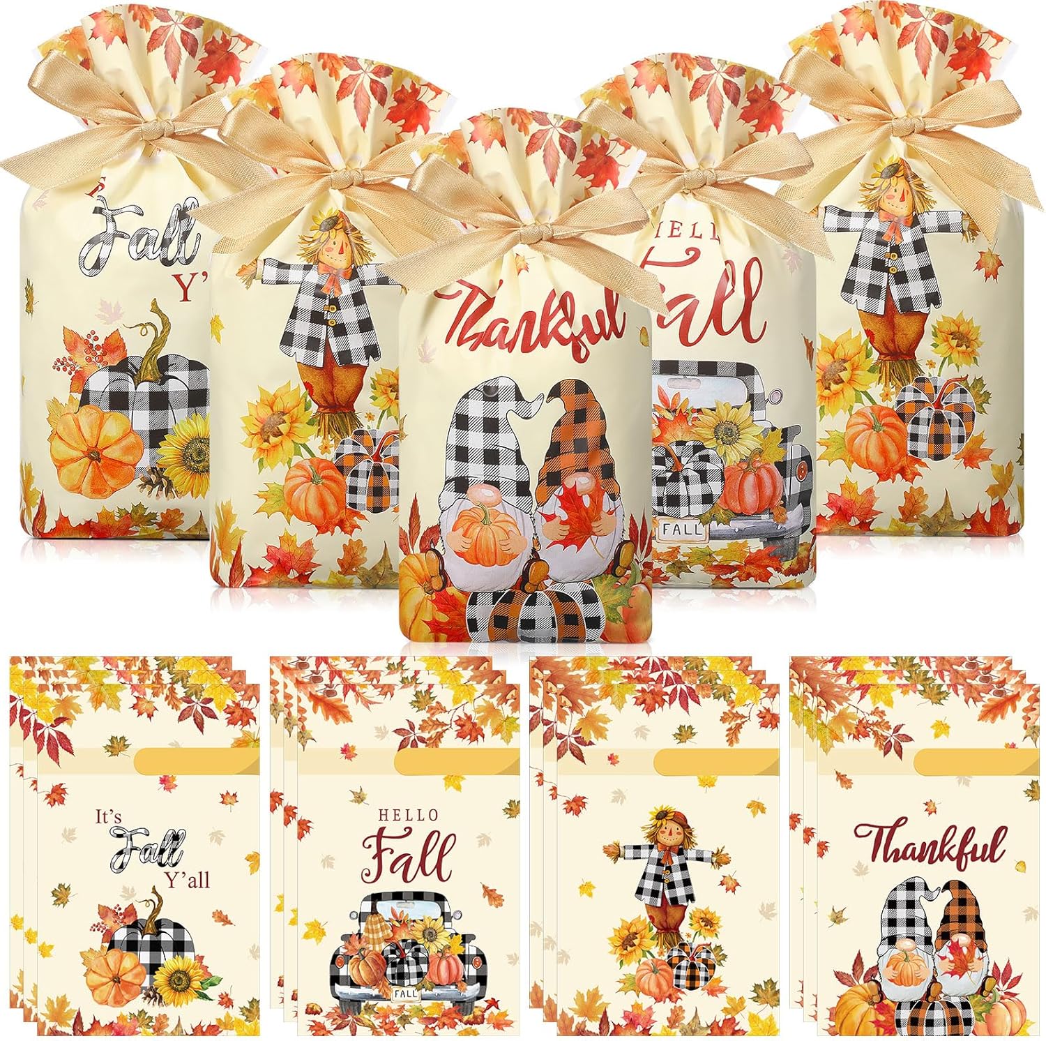 Qeeenar 60 bolsas de plástico de otoño con cordón, pequeñas bolsas de regalo de otoño a granel, hojas de arce y calabaza, bolsas de plástico para