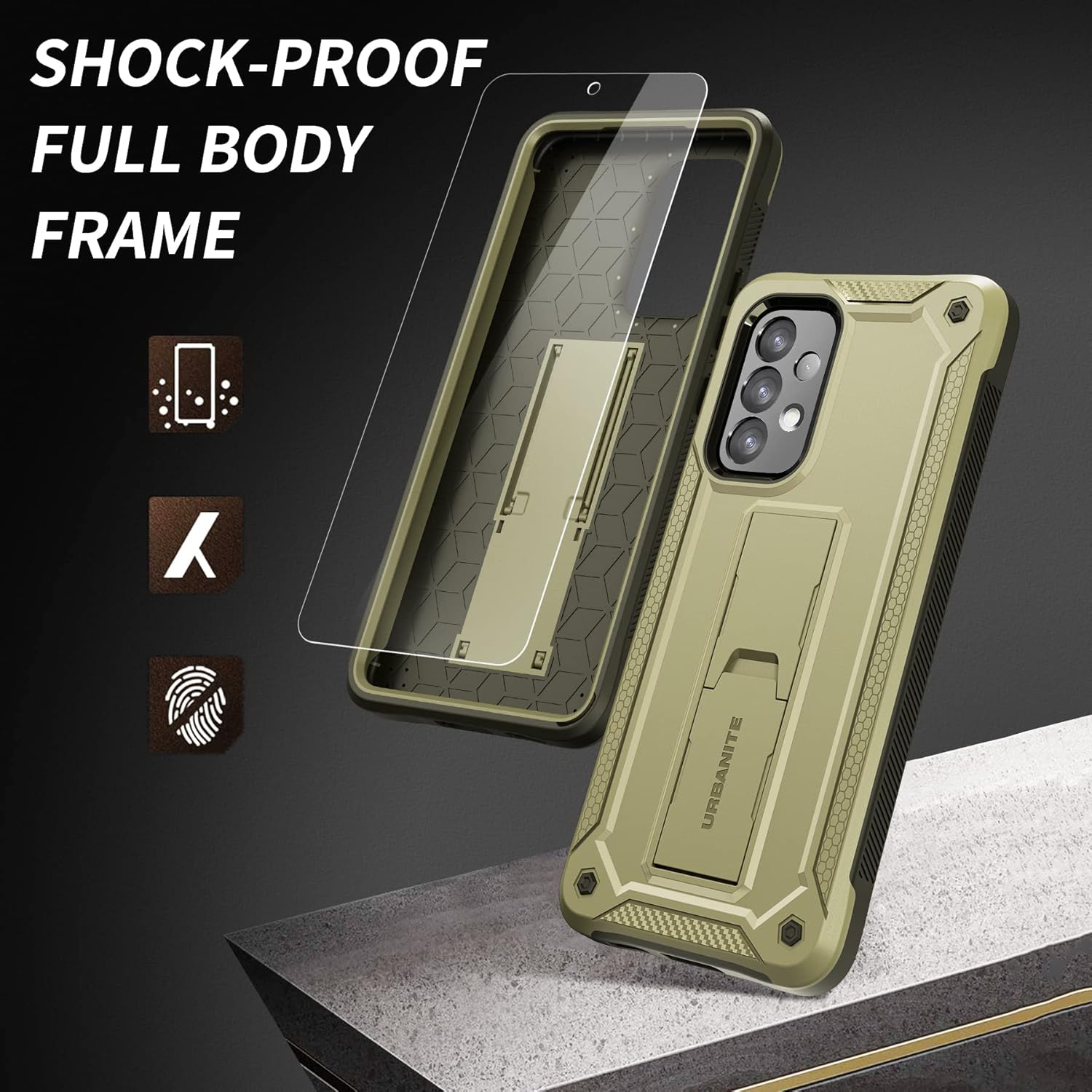 URBANITE Funda para Samsung Galaxy A53 5G, grado militar, resistente, a prueba de golpes, con protector de pantalla de vidrio templado, soporte