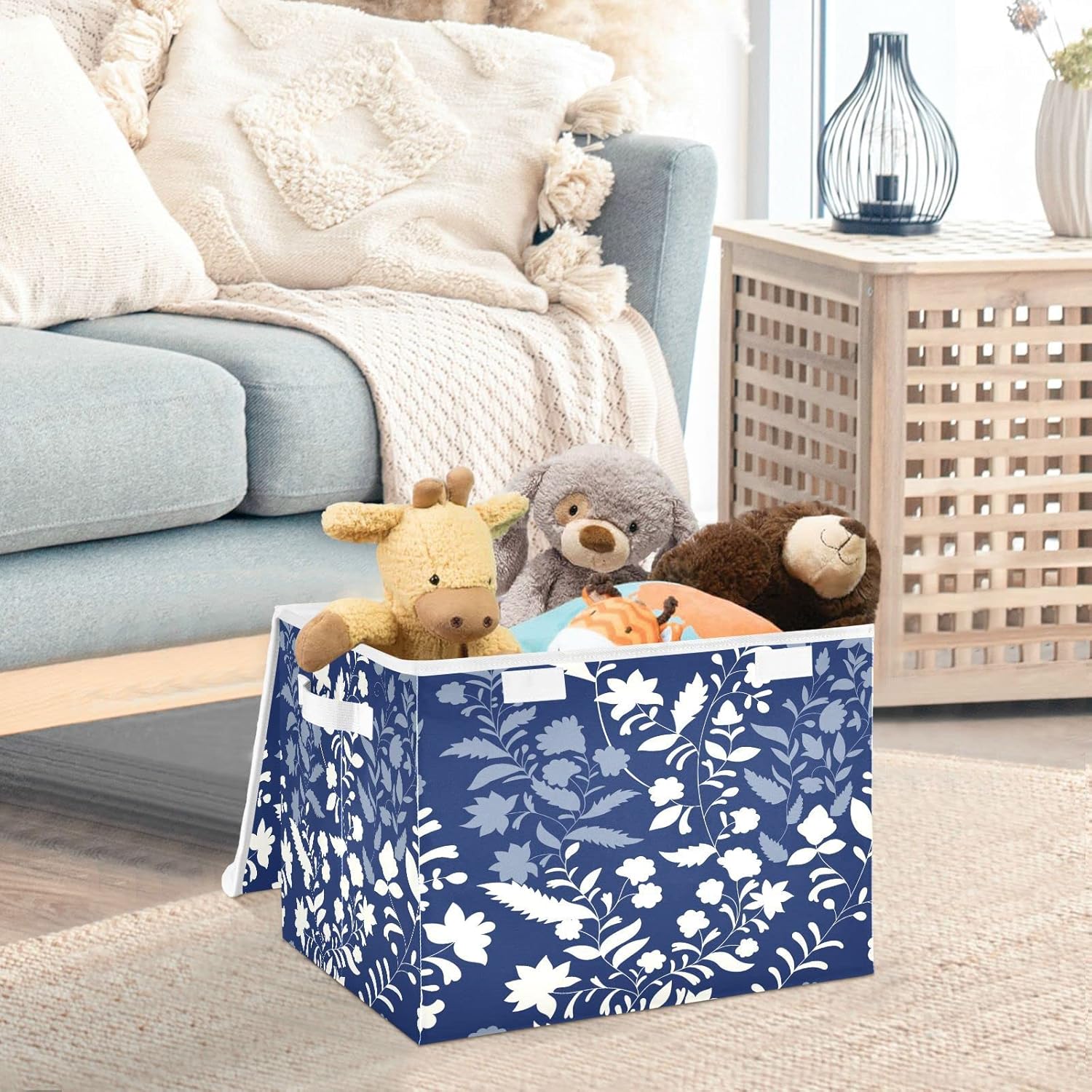 Caja de almacenamiento plegable de flores azules y blancas con tapa, organizador de armario con asa, lavable y apilable