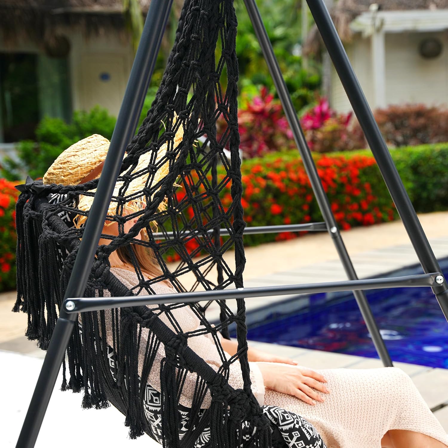 Lazy Daze Hammocks Silla columpio con soporte, silla colgante de macramé con cojín, soporte de hamaca de acero resistente, columpio colgante bohemio