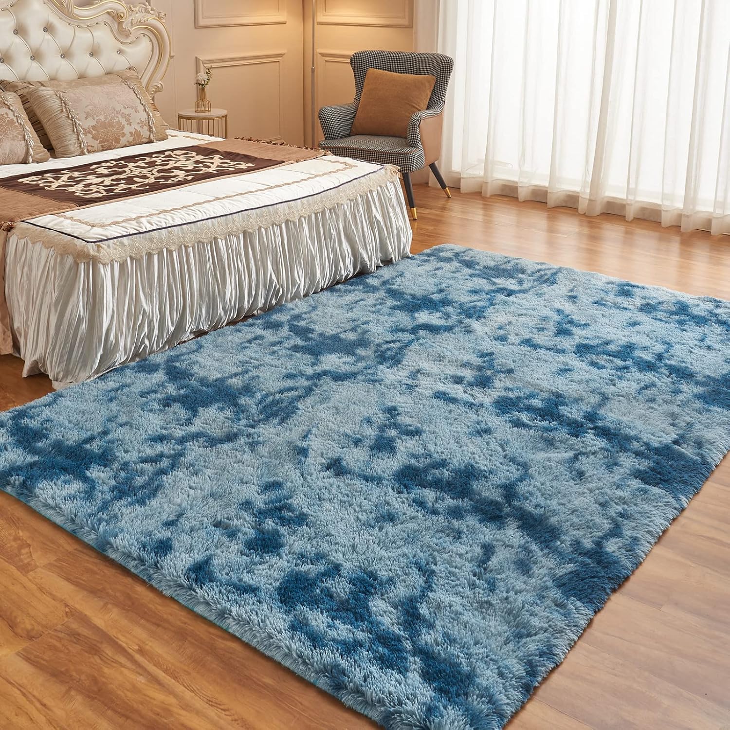 Arbosofe Alfombras de área para sala de estar, dormitorio, 5 x 8 pies, teñido anudado, azul, esponjoso, peludo, alfombra pequeña de felpa suave,
