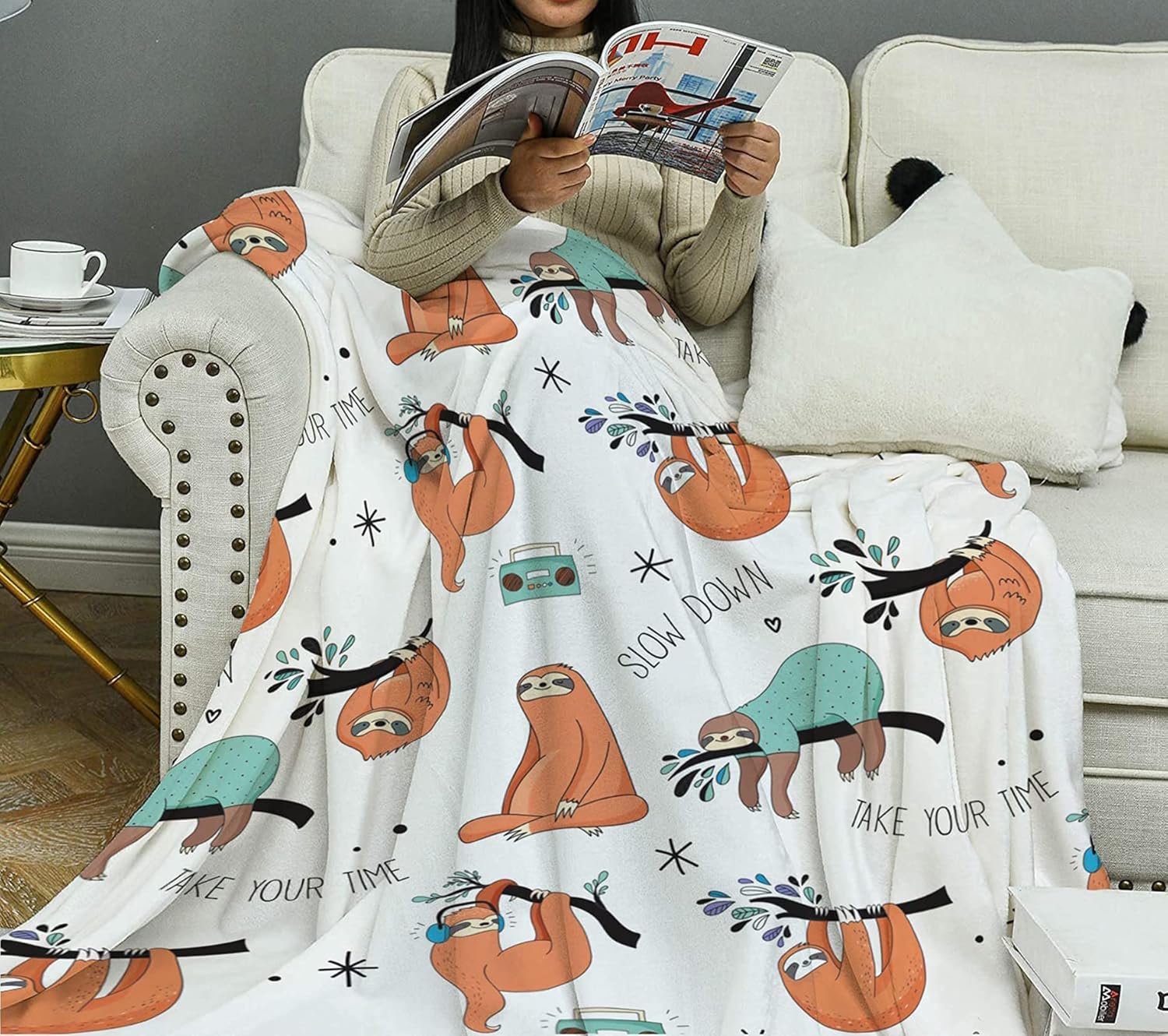 Bonita manta de perezoso, manta estampada ultrasuave y cómoda de franela de forro polar suave para cama y sofá, 50 x 40 pulgadas (perezoso, 50 x 40