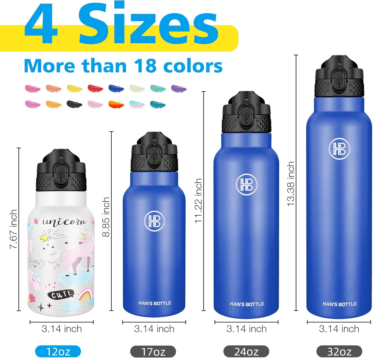 Han’s Bottle Botella de agua para niños con tapa con pajilla, vaso reutilizable de acero inoxidable aislado para niños pequeños, niñas, niños, taza