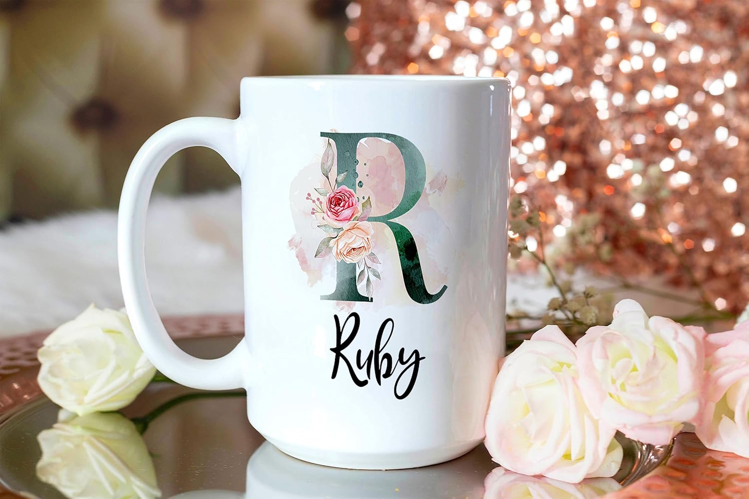 PREZZY Taza personalizada con letra R con inicial, monograma personalizado, taza de café floral, regalos para mujeres, hombres, familiares, amigos,