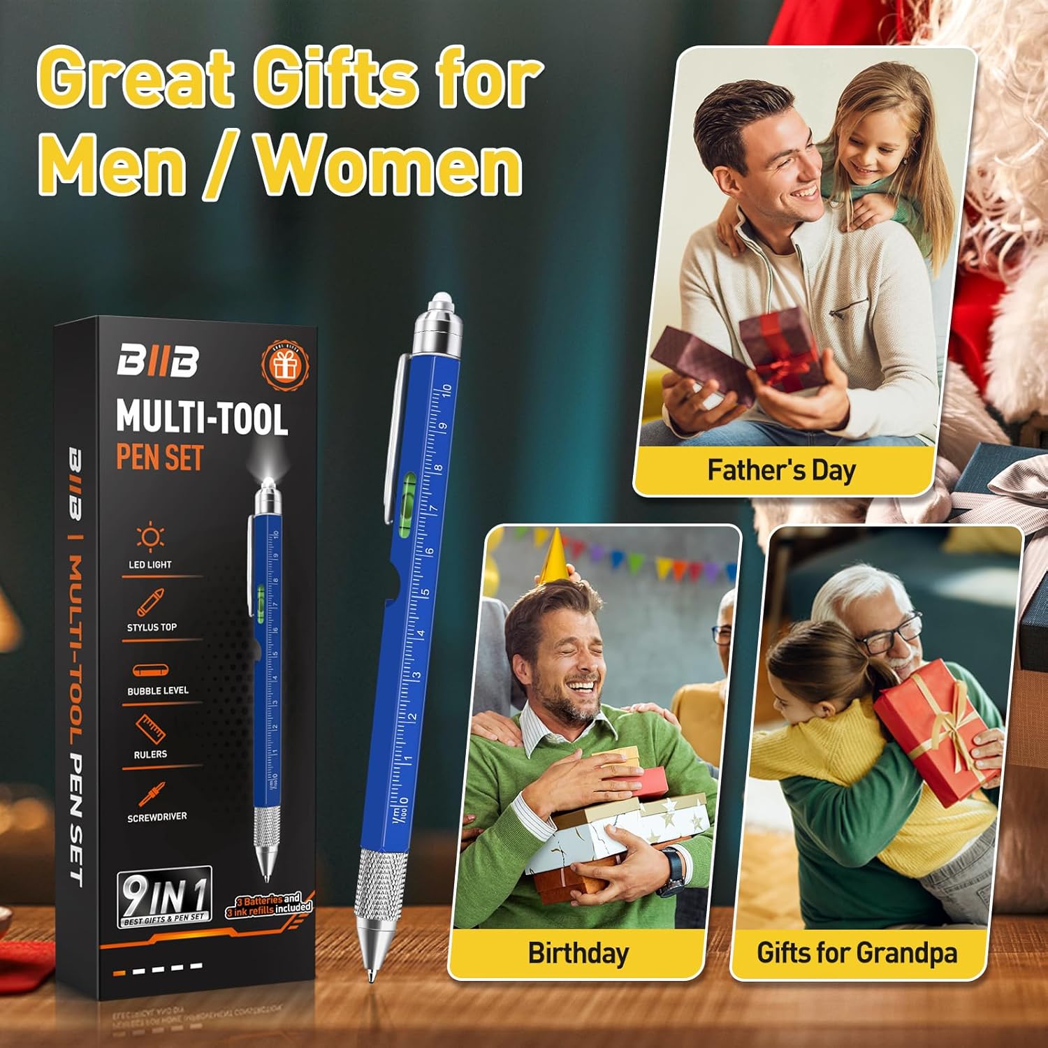 BIIB Regalos para hombres, bolígrafo multiherramienta 9 en 1, regalos para el día del padre, regalos para el día del padre, regalos de cumpleaños