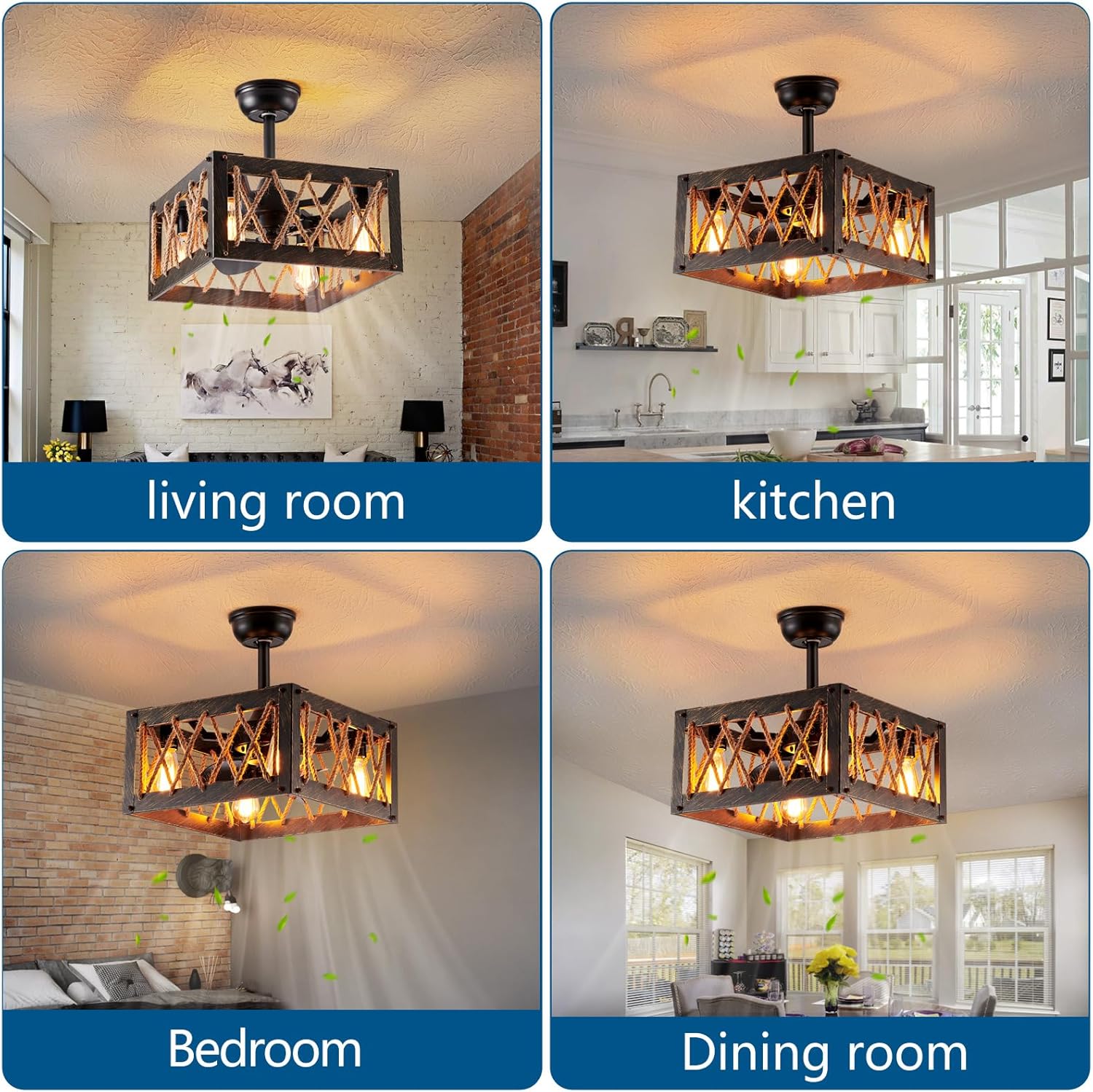 Ventilador de techo de cuerda de cáñamo con luz, ventilador de techo rústico de 4 luces con luces y control remoto, ventilador de techo para sala de