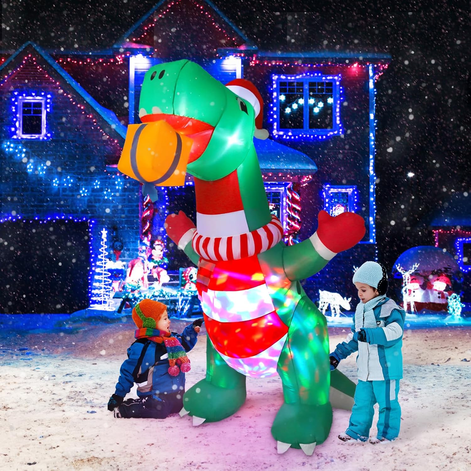 Inflables de Navidad de 8 pies para decoración al aire libre, dinosaurio inflable de Navidad, decoración de patio con sombrero de Navidad y caja de