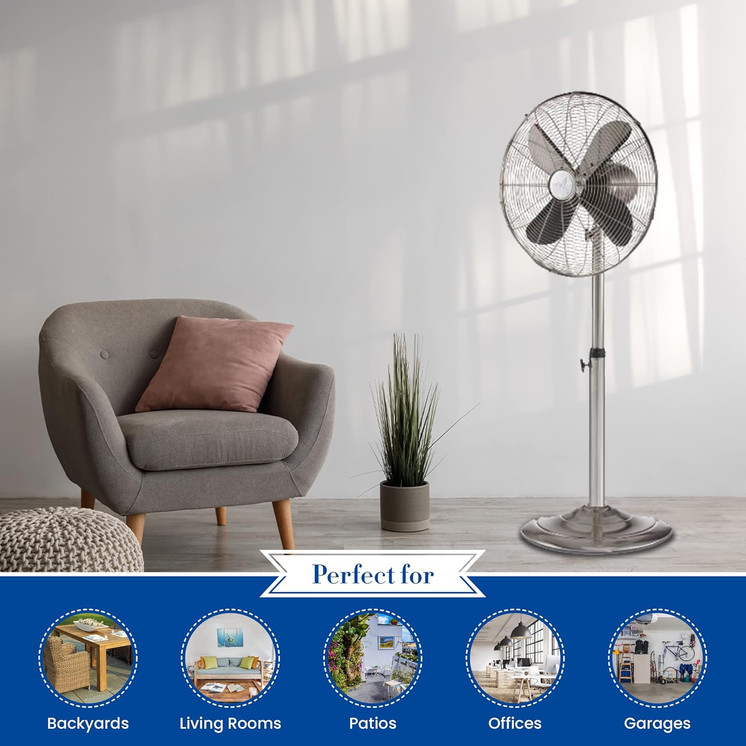 DecoBREEZE Ventilador de pie de pedestal, ventilador oscilante de 3 velocidades para interiores con altura ajustable, inoxidable, ventilador retro,