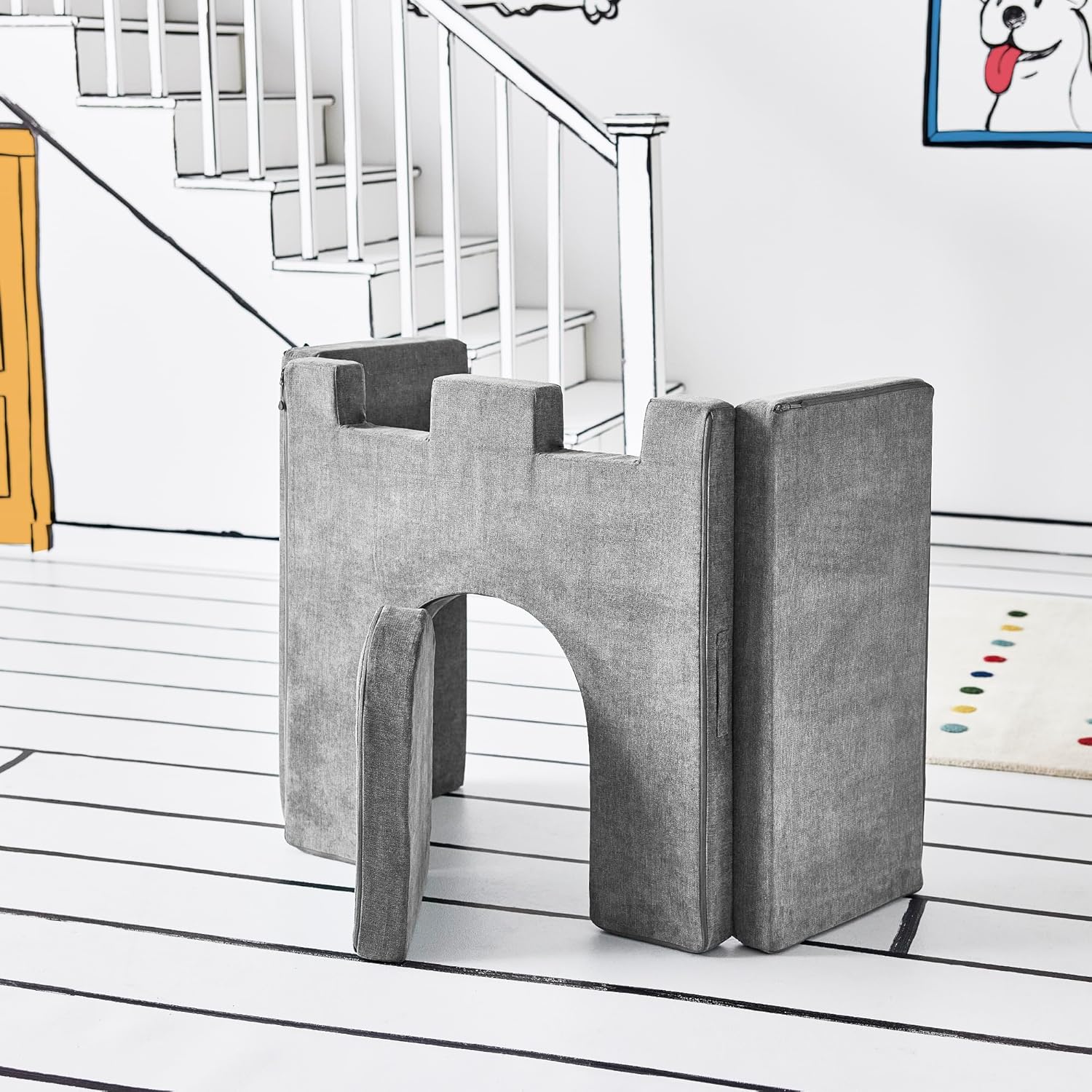 Castillo de juegos para niños y niños pequeños, juego de complementos de sofá para sala de juegos, diseño modular duradero, gris montaña