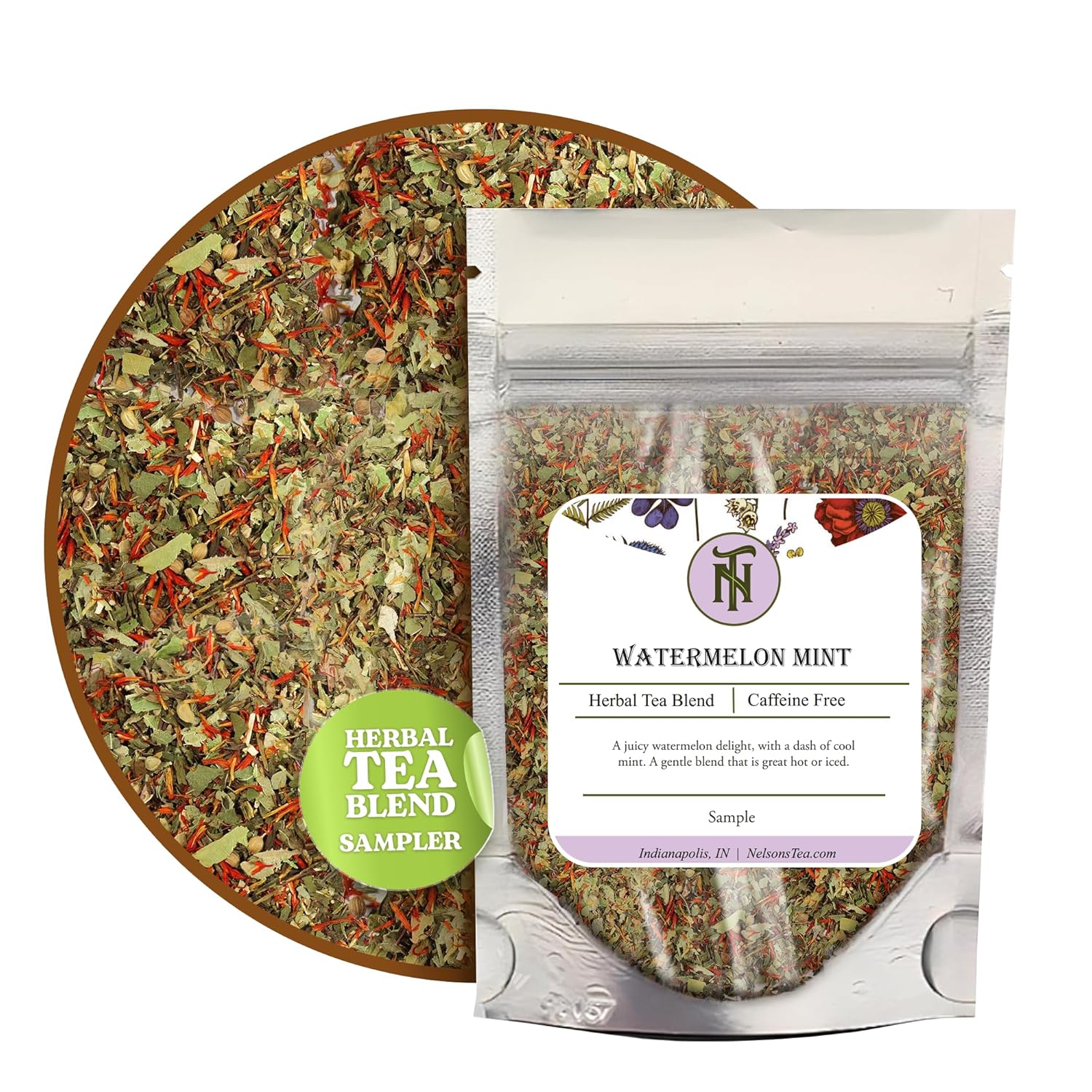 Nelson’s Tea – Menta de sandía – Rooibos verde, menta verde, equinácea, hoja de tilo, cilantro, cártamo y eucalipto (muestra)