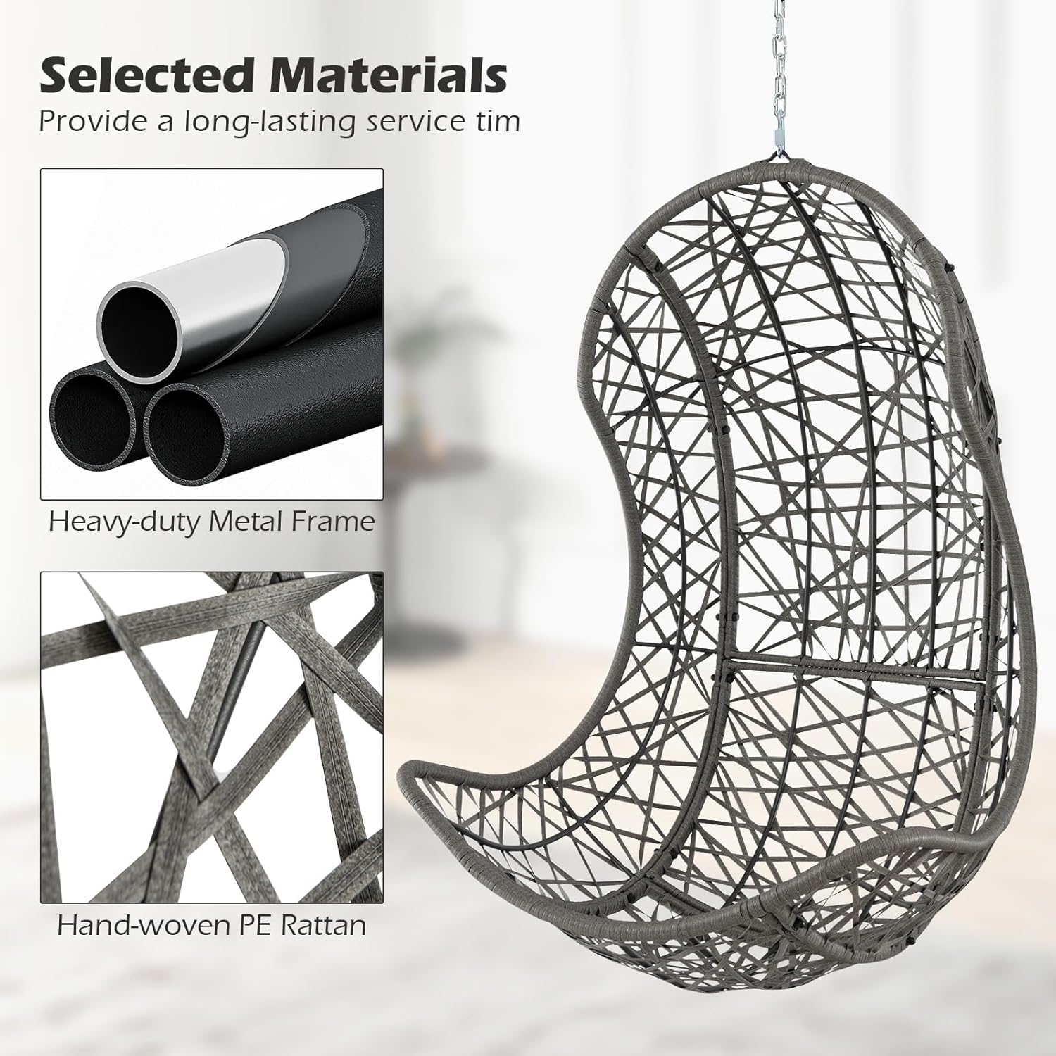 Giantex Swing Egg Chair Outdoor – PE Rattan Hammock Chair with Soft Pillow, Cushion, Metal Frame, Hanging Accessories, Indoor Basket Chair for