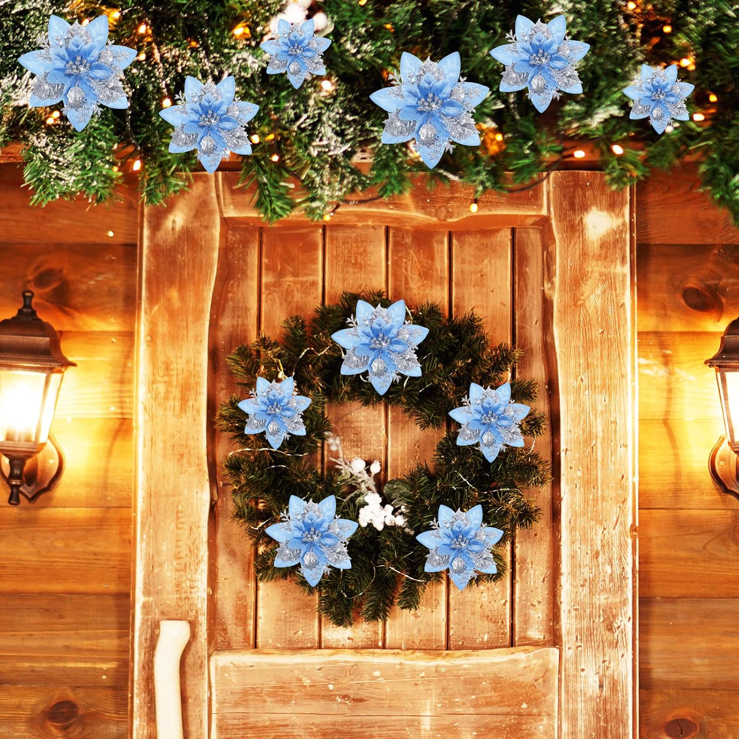 24 flores de Pascua con purpurina de Navidad y clips para adornos de árbol de Navidad, bodas, 6 pulgadas, 4 pulgadas, 3 pulgadas (plata y azul)