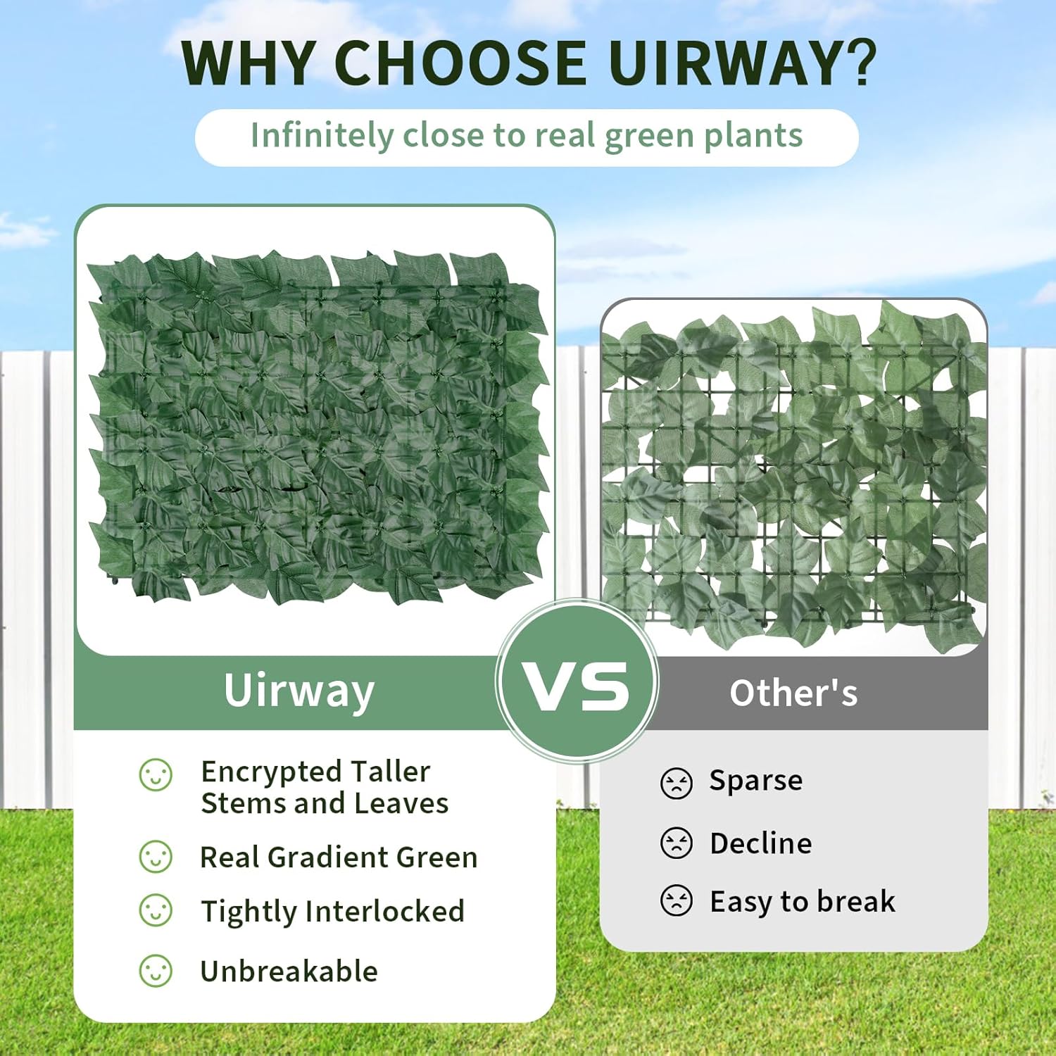 UIRWAY Valla de privacidad de hiedra artificial, valla de privacidad de hiedra de 16 x 12 pulgadas, valla decorativa de jardín, con 100 bridas de