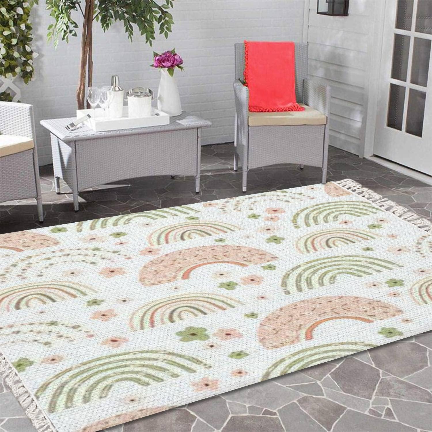 Alfombra bohemia para niños, sin costuras, flores de arco iris, colores pastel, bonita para niños, alfombra tejida con borlas, alfombra bohemia para
