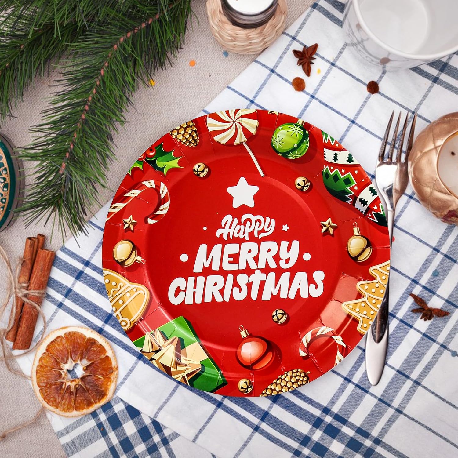 KFJBPB Paquete de 50 platos de papel de Navidad de 7 pulgadas, platos de papel desechables rojos de Feliz Navidad, platos de postre de Navidad,