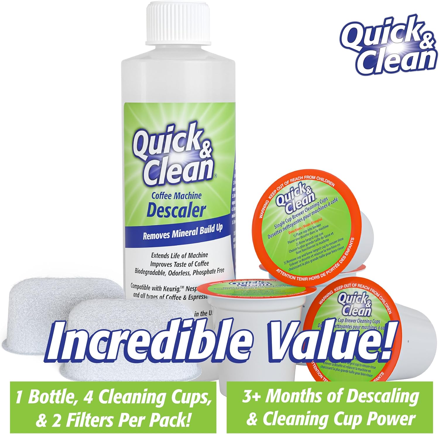 Quick & Clean Paquete de 4 tazas de limpieza + 2 filtros con paquete descalcificador (2 usos totales) – Compatible con 2.0, solución de