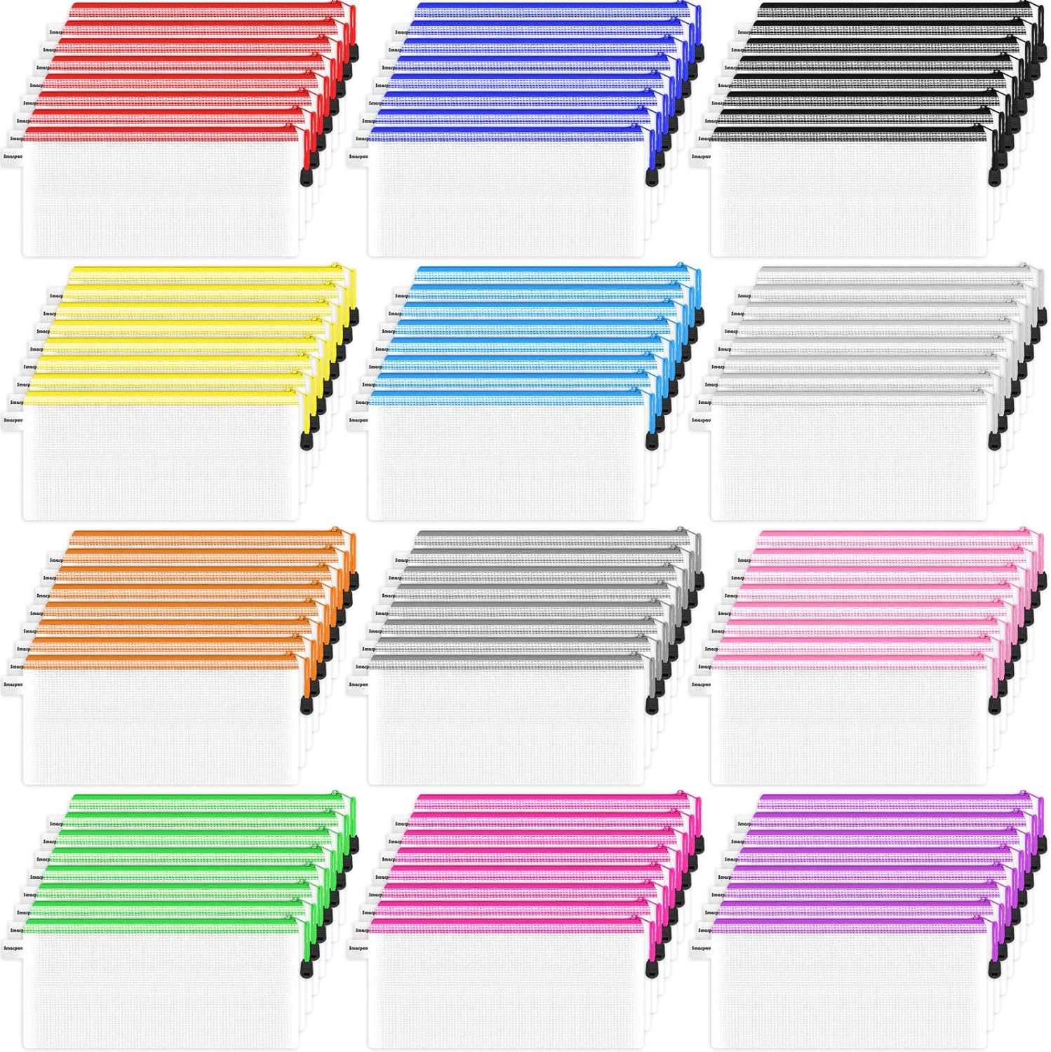 Smarpau Paquete de 96 bolsas para lápices, 12 colores de 9.3 x 4.7 pulgadas, pequeñas bolsas de malla con cremallera, estuche transparente